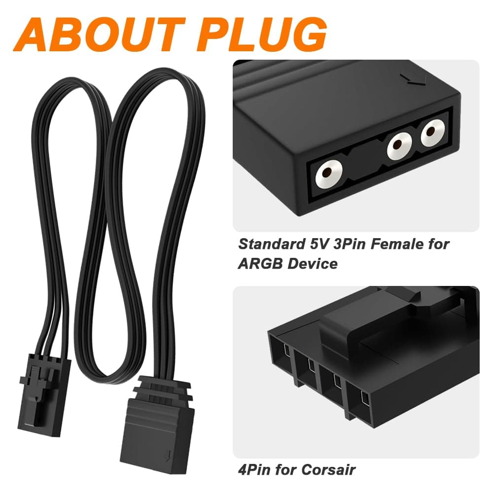 DKARDU 4 Pin to 3 Pin RGB Adapter Cable for Corsair RGB, 5V 3Pin ARGB Device Connector Cord, Lighting Node CORE, Commander CORE and iCUE Commander CORE-XT, Smart Lighting (10cm/3.94in, 3pcs) thumbnail 5