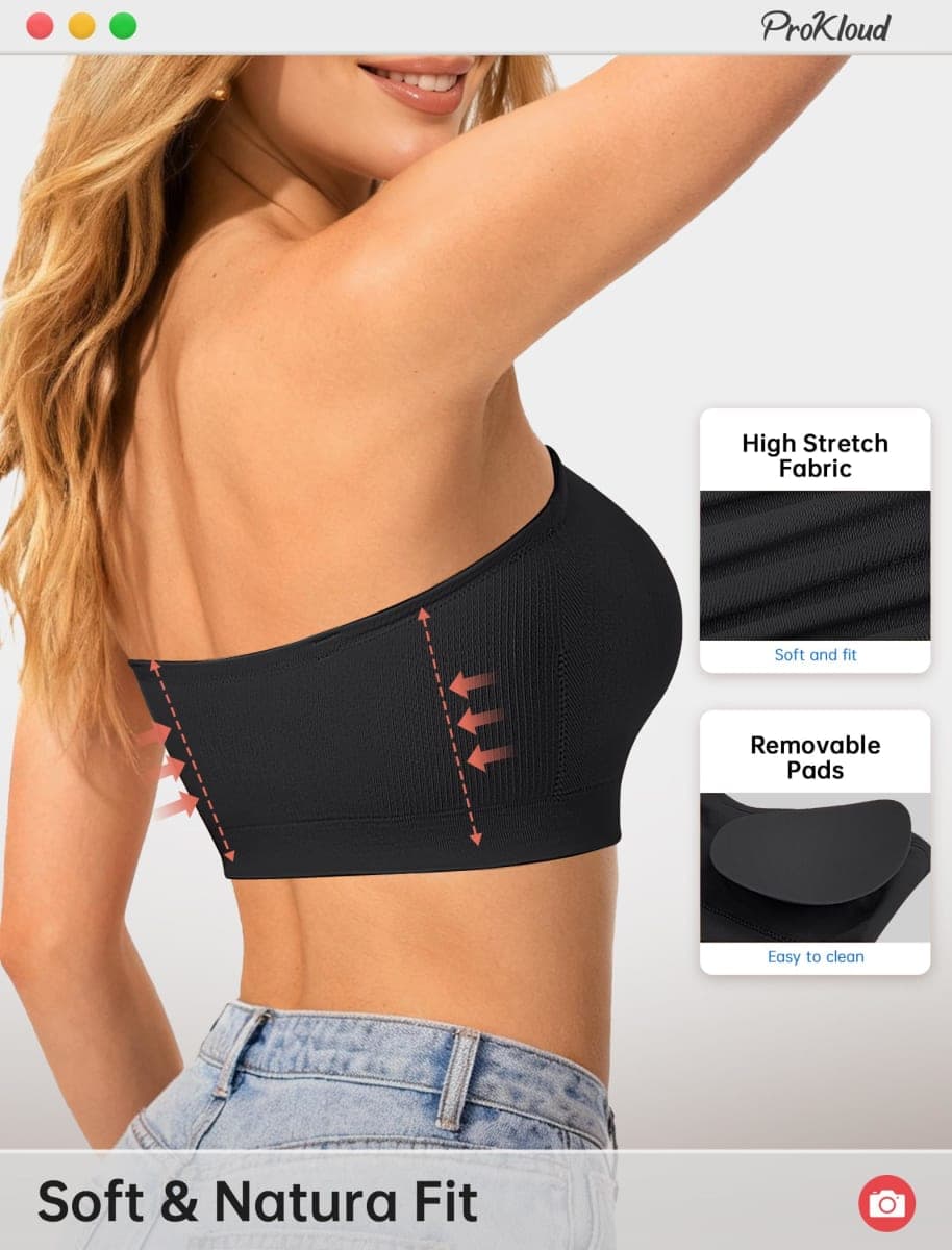 ProKloud Strapless Push Up Bras for Women Wireless Bandeau Bra Non-Slip Silicone Tube Top Padded Convertible Bralette Black thumbnail 2