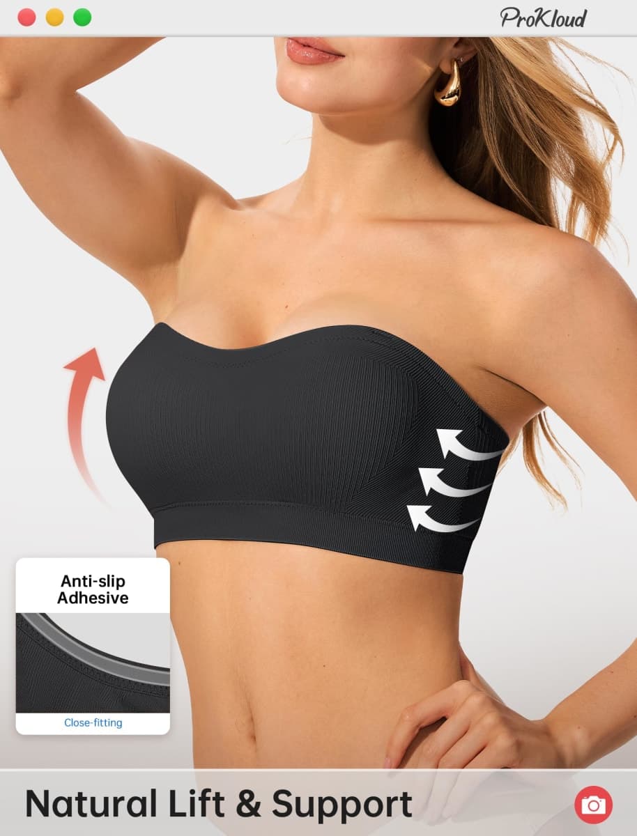 ProKloud Strapless Push Up Bras for Women Wireless Bandeau Bra Non-Slip Silicone Tube Top Padded Convertible Bralette Black thumbnail 3