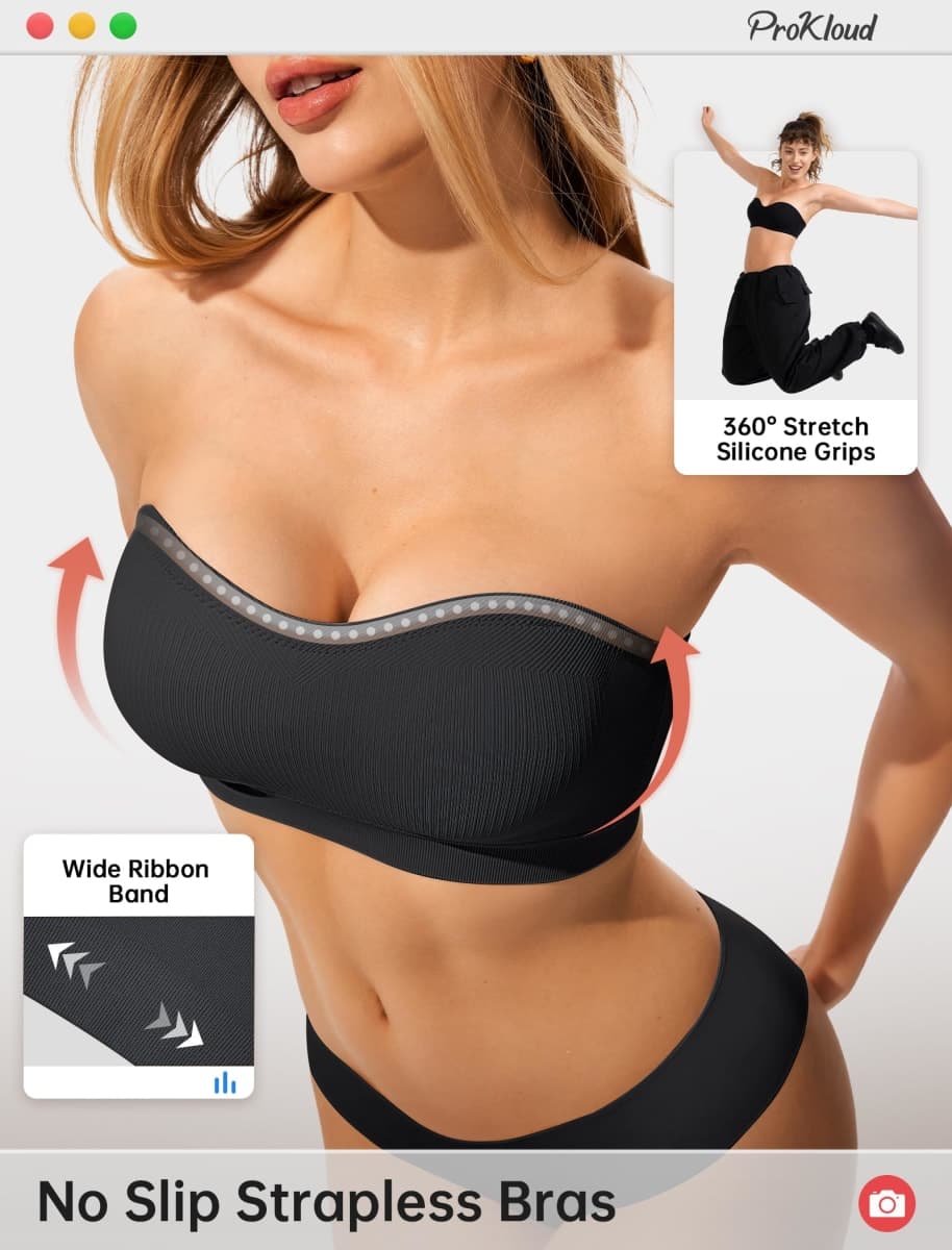 ProKloud Strapless Push Up Bras for Women Wireless Bandeau Bra Non-Slip Silicone Tube Top Padded Convertible Bralette Black thumbnail 4