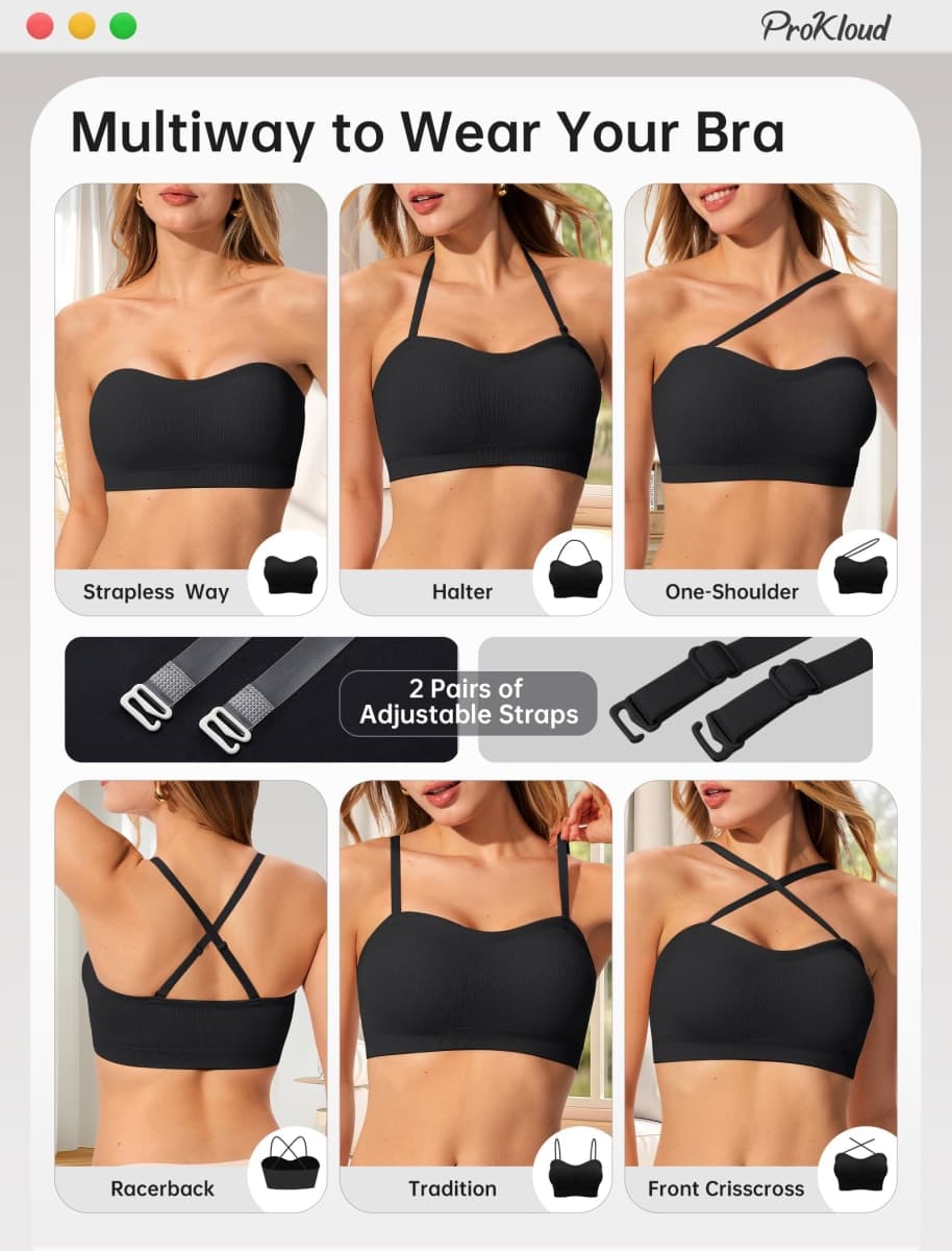 ProKloud Strapless Push Up Bras for Women Wireless Bandeau Bra Non-Slip Silicone Tube Top Padded Convertible Bralette Black thumbnail 5