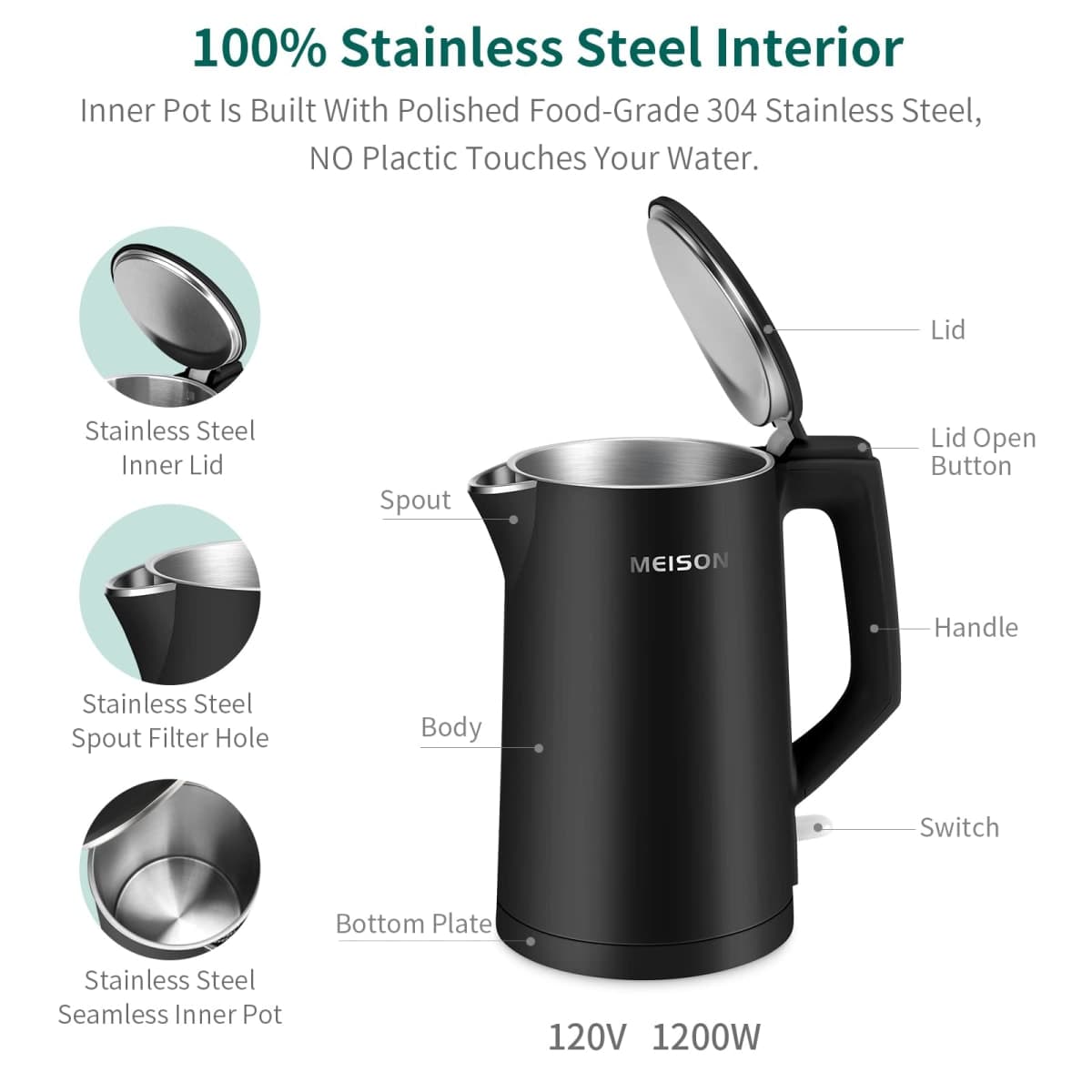 MEISON Electric Kettle, 1.7 L Double Wall Food Grade Stainless Steel Interior Water Boiler, Coffee Pot & Tea Kettle, Auto Shut-Off and Boil-Dry Protection, 1200W, 2 Year Warranty(Black) thumbnail 2