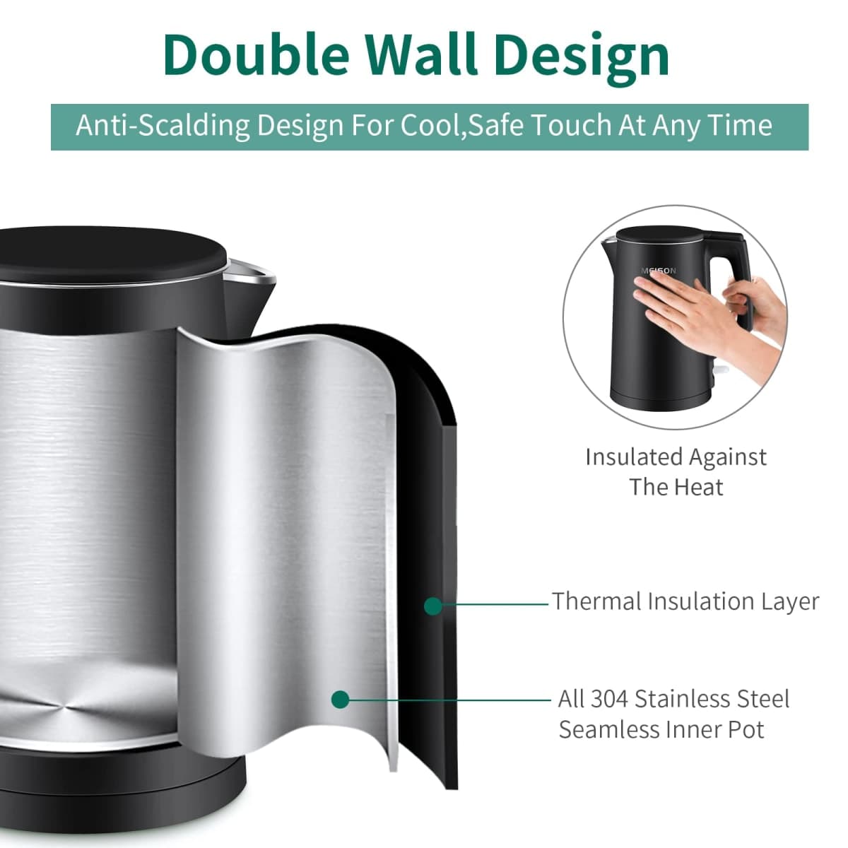 MEISON Electric Kettle, 1.7 L Double Wall Food Grade Stainless Steel Interior Water Boiler, Coffee Pot & Tea Kettle, Auto Shut-Off and Boil-Dry Protection, 1200W, 2 Year Warranty(Black) thumbnail 3