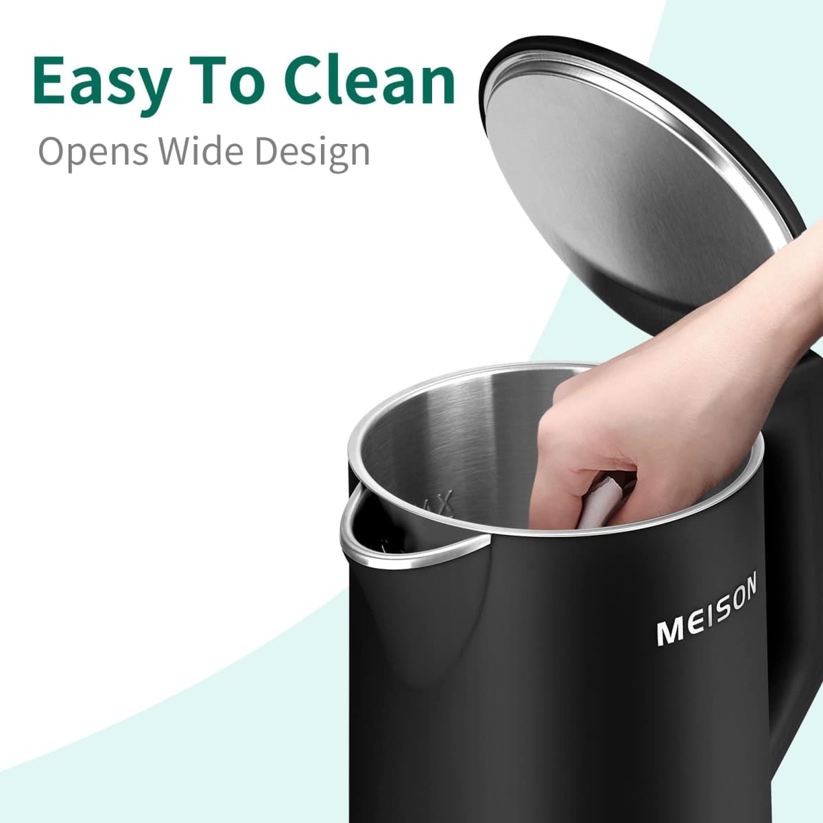 MEISON Electric Kettle, 1.7 L Double Wall Food Grade Stainless Steel Interior Water Boiler, Coffee Pot & Tea Kettle, Auto Shut-Off and Boil-Dry Protection, 1200W, 2 Year Warranty(Black) thumbnail 4