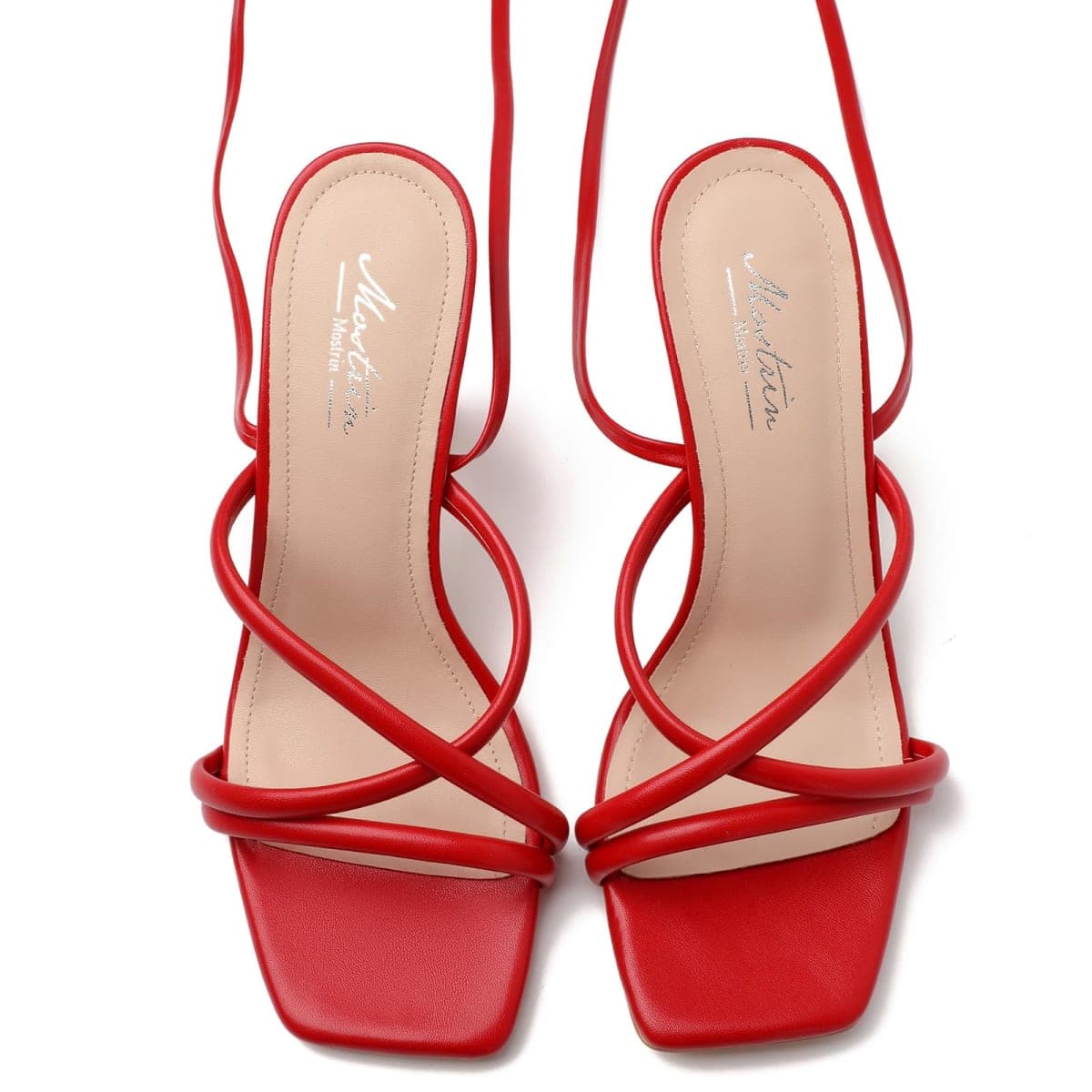 Mostrin White Strappy Heels for Women Lace Up Heels Tie Up Stiletto High Heeled Sandals Square Open Toe Heels for Prom, Party, Red, 9 thumbnail 5
