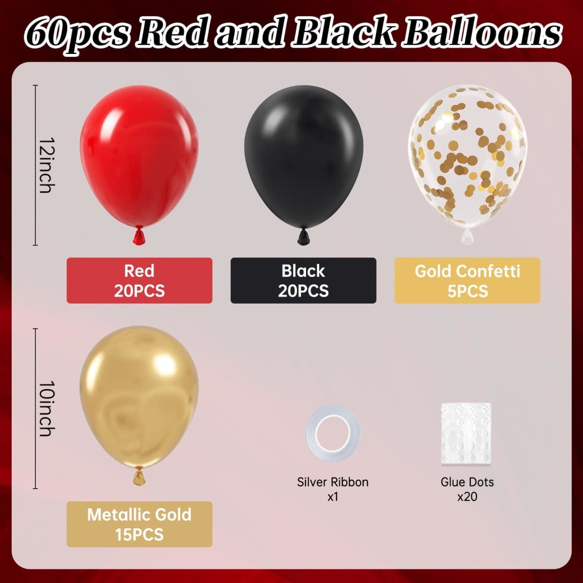 Red Black and Gold Balloons, 60pcs 12" Red Black Gold Confetti Balloons for Birthday Casino Party Decorations thumbnail 2