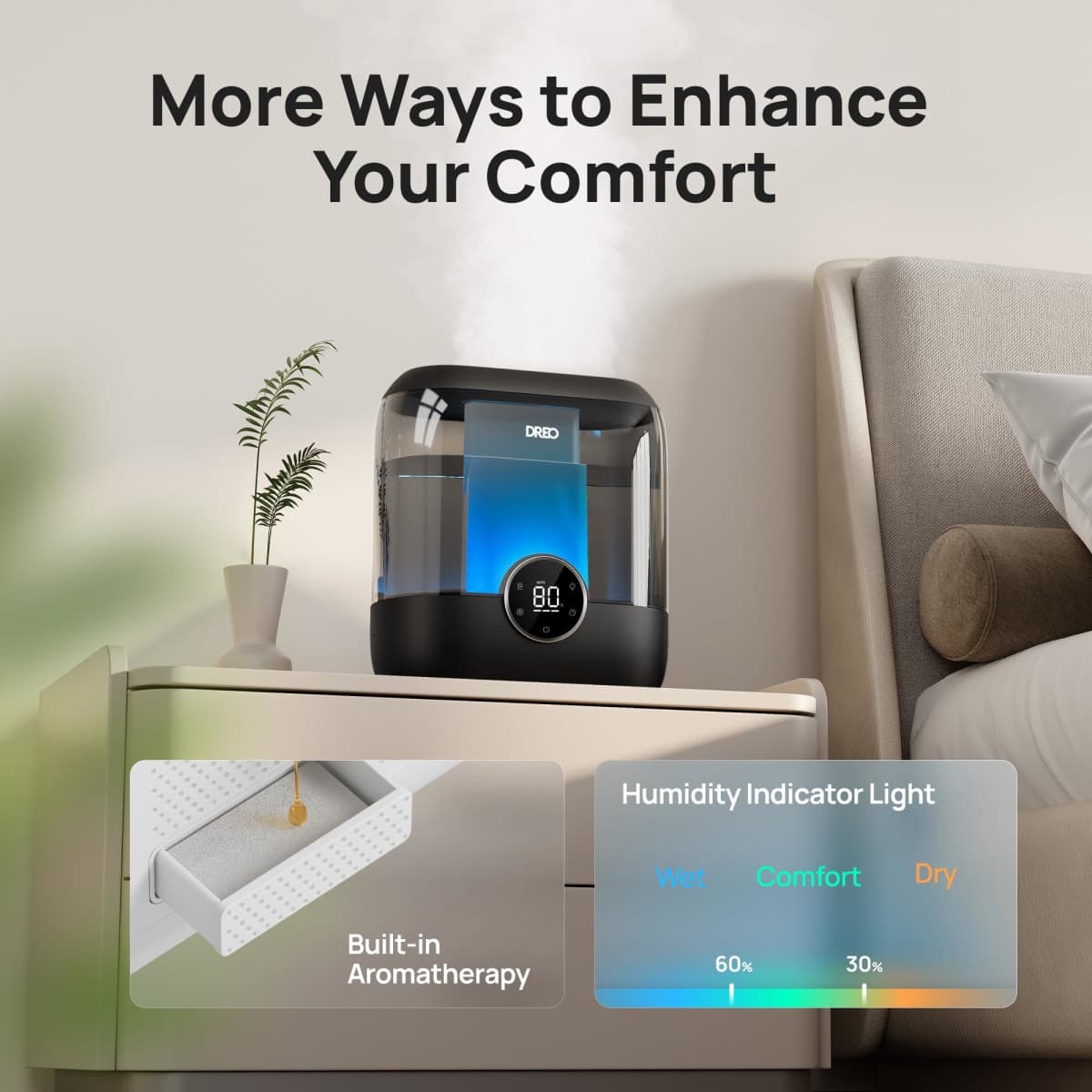 Dreo Smart Humidifiers for Bedroom, 6L Top Fill Supersized Cool Mist Humidifier for Large Room, 60 Hour Runtime, Quiet Ultrasonic Humidifiers for Plants, Baby, Indoor, Home, Night Light, Black thumbnail 3