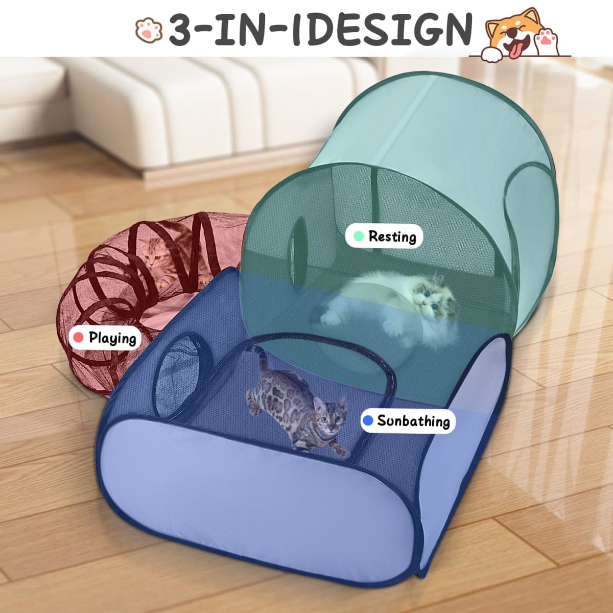Tailtastic Dog Playpen with Surround Tunnel, Outdoor/Indoor Cat Playpen with Breathable Soft Sides，Tailtastic Cat Enclosure Tent for Small Animals, Portable Cat Tent with Carry Bag (Large) thumbnail 2