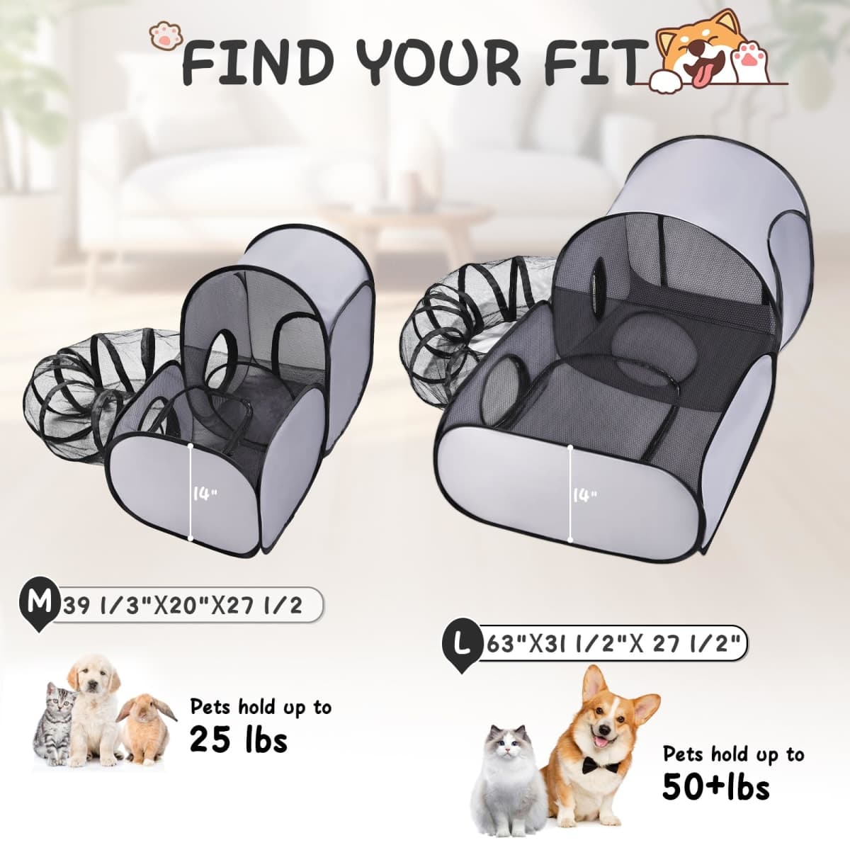 Tailtastic Dog Playpen with Surround Tunnel, Outdoor/Indoor Cat Playpen with Breathable Soft Sides，Tailtastic Cat Enclosure Tent for Small Animals, Portable Cat Tent with Carry Bag (Large) thumbnail 3