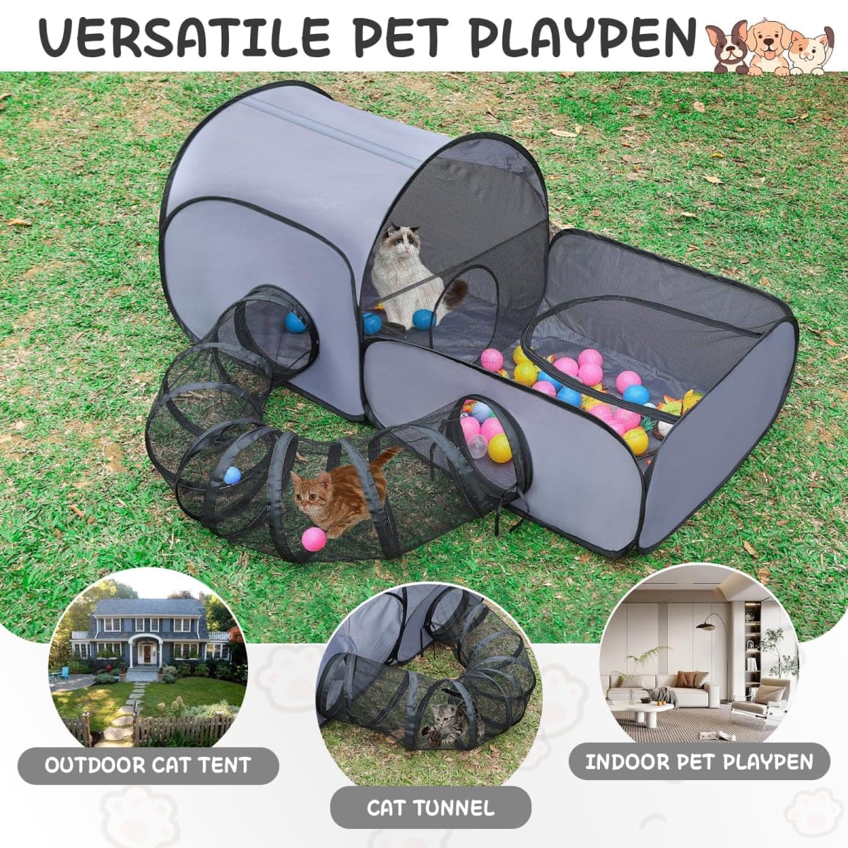 Tailtastic Dog Playpen with Surround Tunnel, Outdoor/Indoor Cat Playpen with Breathable Soft Sides，Tailtastic Cat Enclosure Tent for Small Animals, Portable Cat Tent with Carry Bag (Large) thumbnail 4