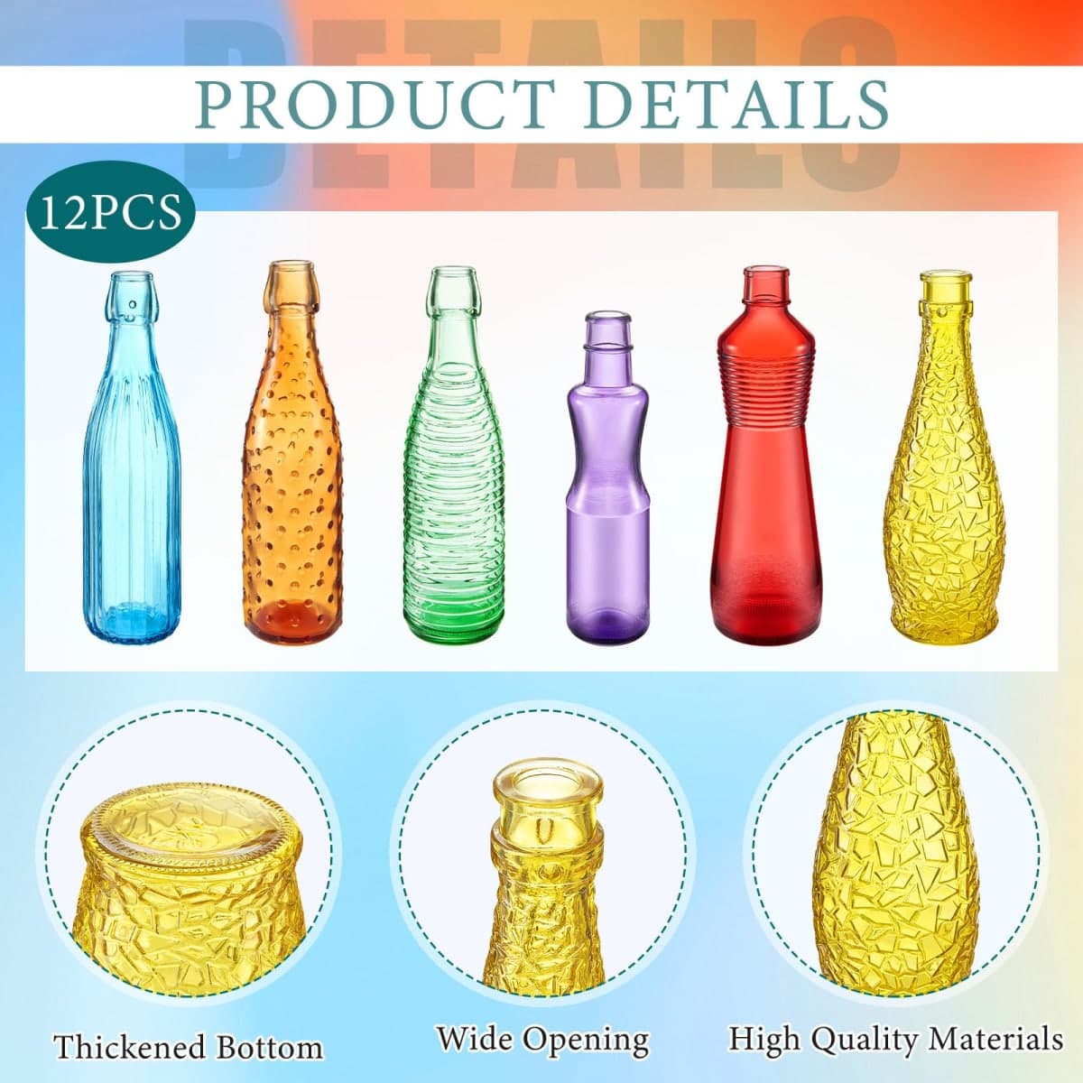 Zhehao 12 Pcs Colored Glass Bottles Colorful Empty Wine Bottles Decorative Glass Bottle for Bottle Tree Garden Yard Outdoor Home Decor(Light Rainbow Color,Textured) thumbnail 2