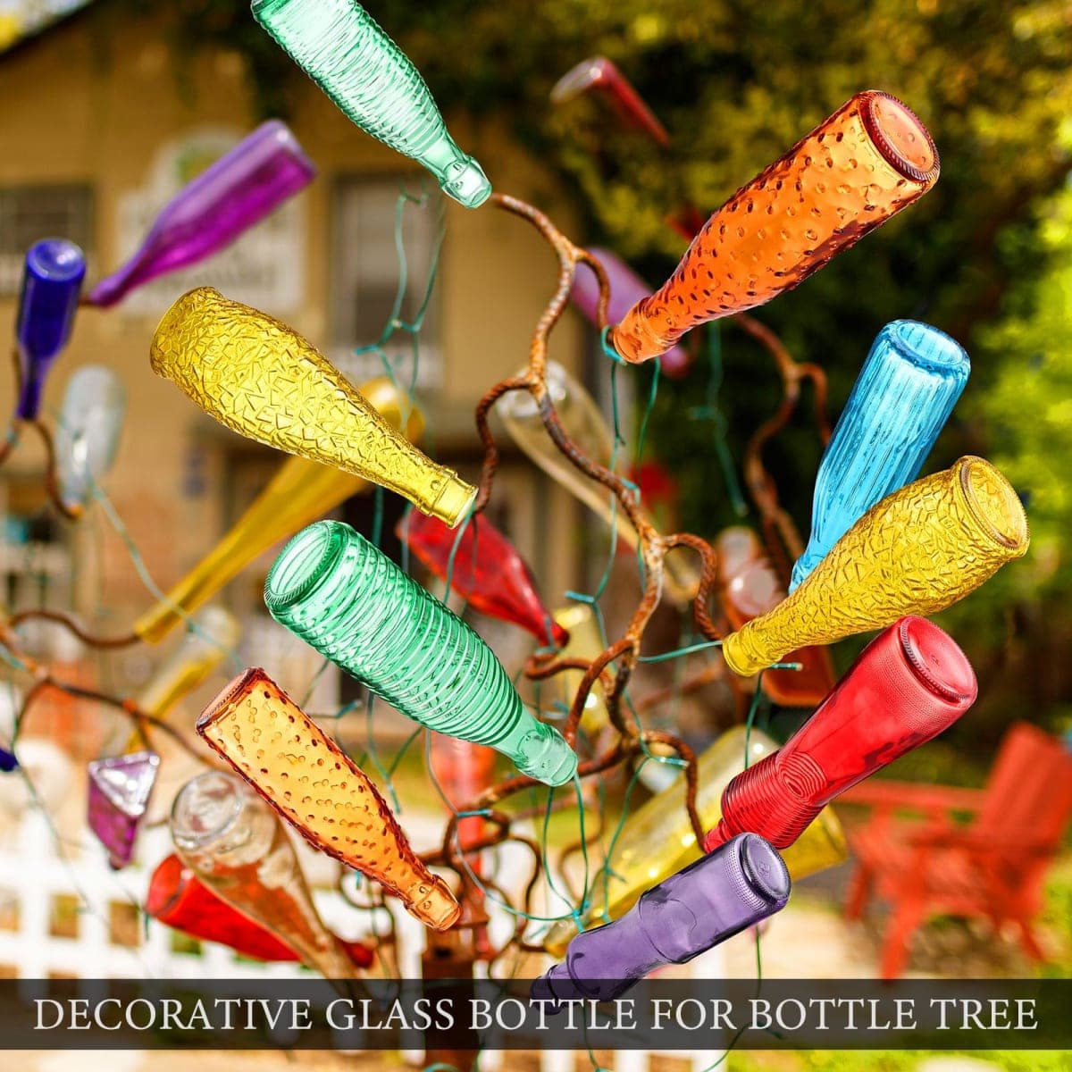 Zhehao 12 Pcs Colored Glass Bottles Colorful Empty Wine Bottles Decorative Glass Bottle for Bottle Tree Garden Yard Outdoor Home Decor(Light Rainbow Color,Textured) thumbnail 5