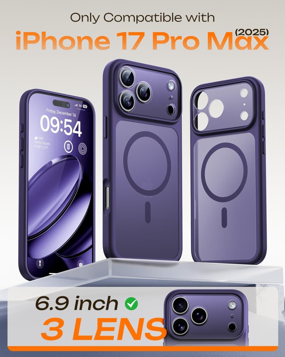 TOCOL for iPhone 17 Pro Max Case, Full Camera Protection, Built-in Magnetic Ring, Compatible with Magsafe, Drop Protection, Translucent Matte Phone Case for 17 ProMax 6.9 inch (Midnight Purple) thumbnail 2
