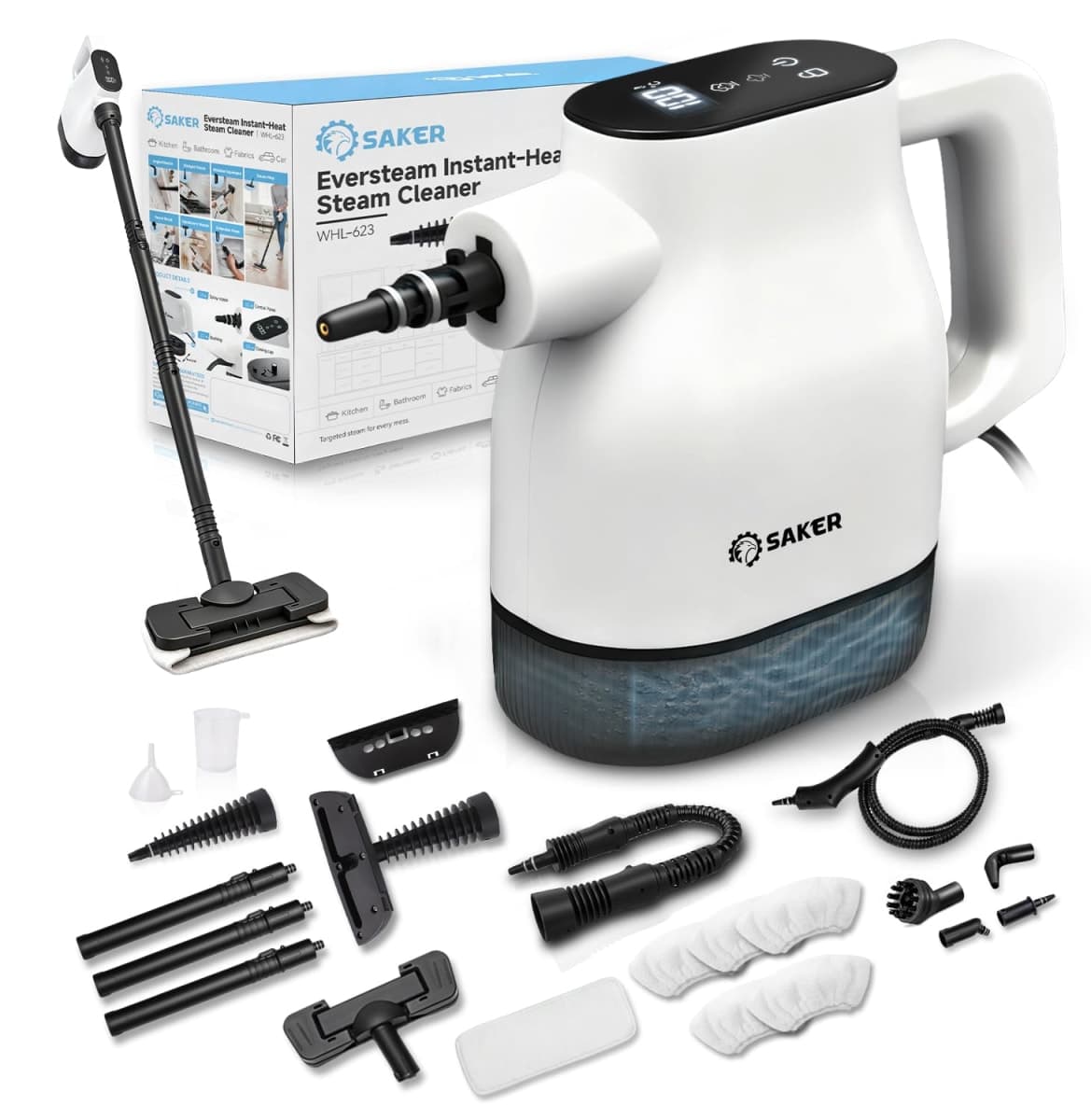 Saker EverSteam Instant-Heat Steam Cleaner for Home, Handheld Steam Cleaner with Mop Attachment and 4 Fiber Cloths, Lightweight Portable Steamer for Deep Cleaning of Car, Kitchen and Floor