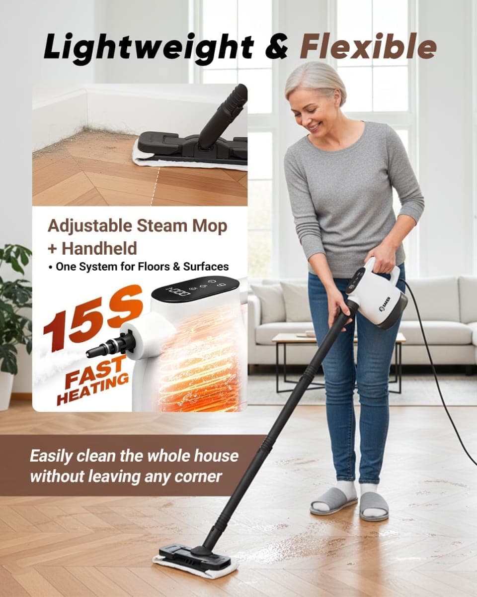 Saker EverSteam Instant-Heat Steam Cleaner for Home, Handheld Steam Cleaner with Mop Attachment and 4 Fiber Cloths, Lightweight Portable Steamer for Deep Cleaning of Car, Kitchen and Floor thumbnail 3