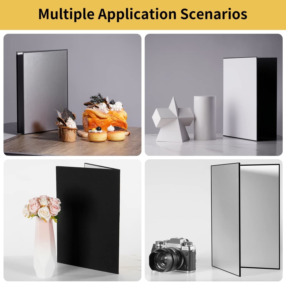 Meking 12x8 Inch 3in1 Cardboard Light Reflector for Photography, Studio Tabletop Food and Product Photo Shoot - Black, Silver and White thumbnail 3