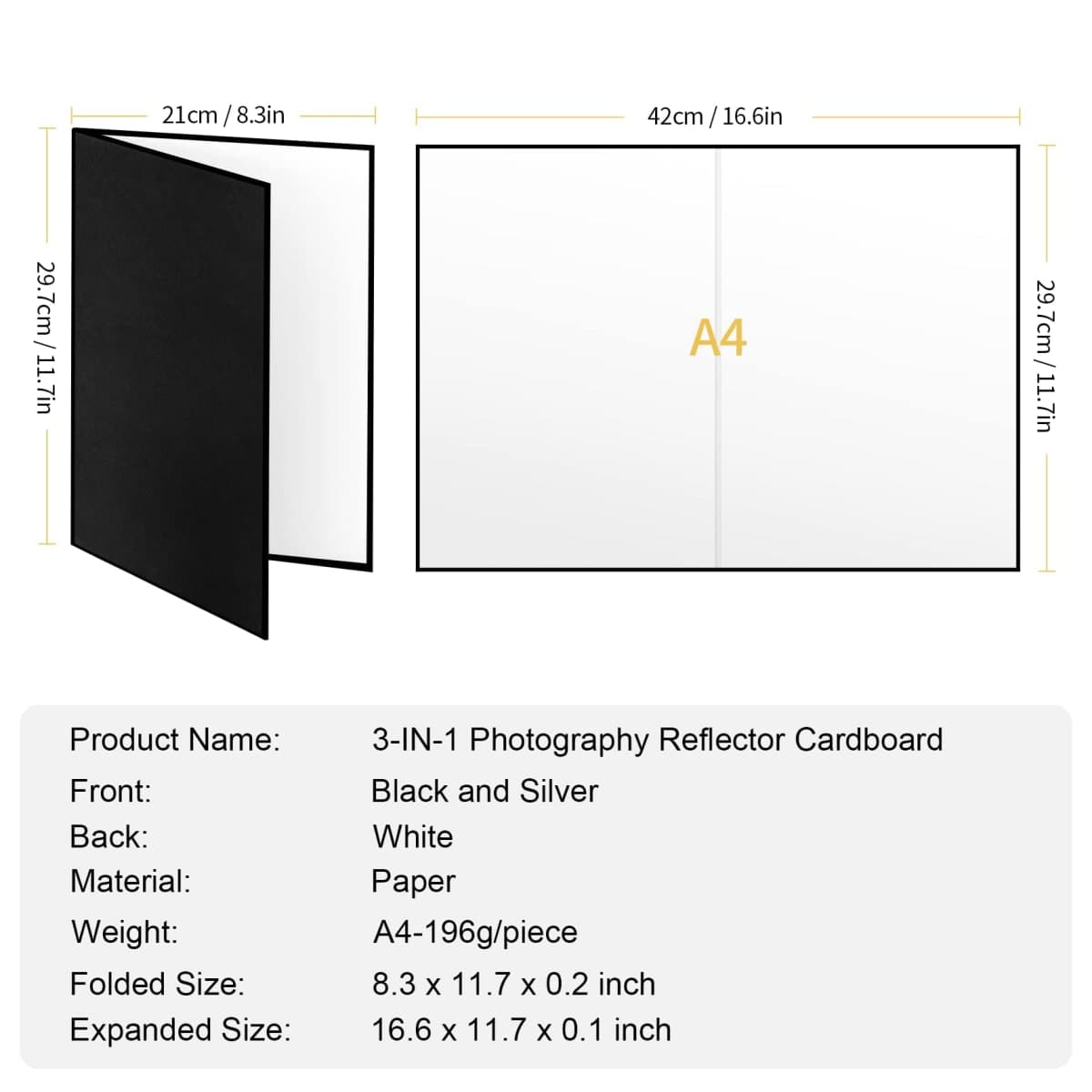 Meking 12x8 Inch 3in1 Cardboard Light Reflector for Photography, Studio Tabletop Food and Product Photo Shoot - Black, Silver and White thumbnail 4