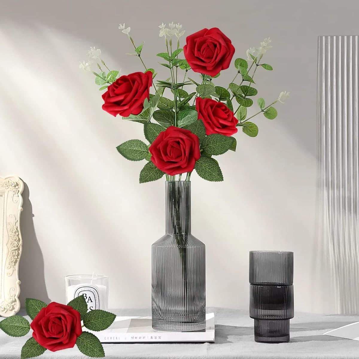 AmyHomie Artificial Flower Dark Red Rose 25pcs Real Looking Fake Roses w/Stem for DIY Wedding Bouquets Centerpieces Arrangements Party Baby Shower Valentines Day Christmas Tree Decorations thumbnail 4