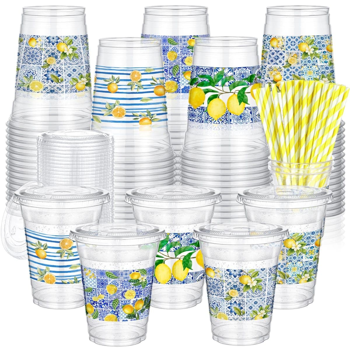 FoldTier 100pcs Capri Lemon Plastic Disposable Cups with Lids and Straws 12oz, Plastic Lemon Stand Drinking Cups for Bridal Shower Supplies Summer Citrus Fruit Amalfi Coast Party Decorations