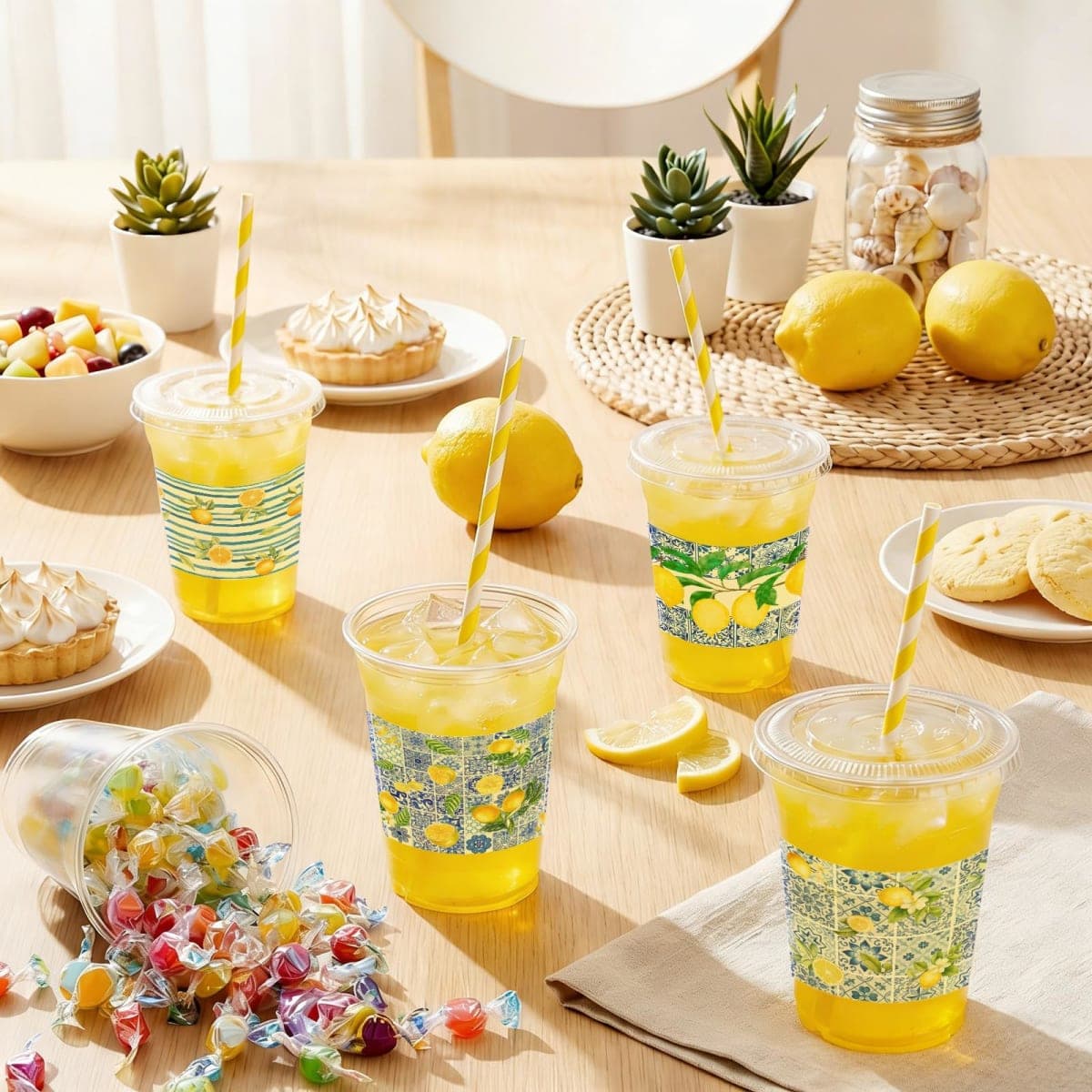 FoldTier 100pcs Capri Lemon Plastic Disposable Cups with Lids and Straws 12oz, Plastic Lemon Stand Drinking Cups for Bridal Shower Supplies Summer Citrus Fruit Amalfi Coast Party Decorations thumbnail 2