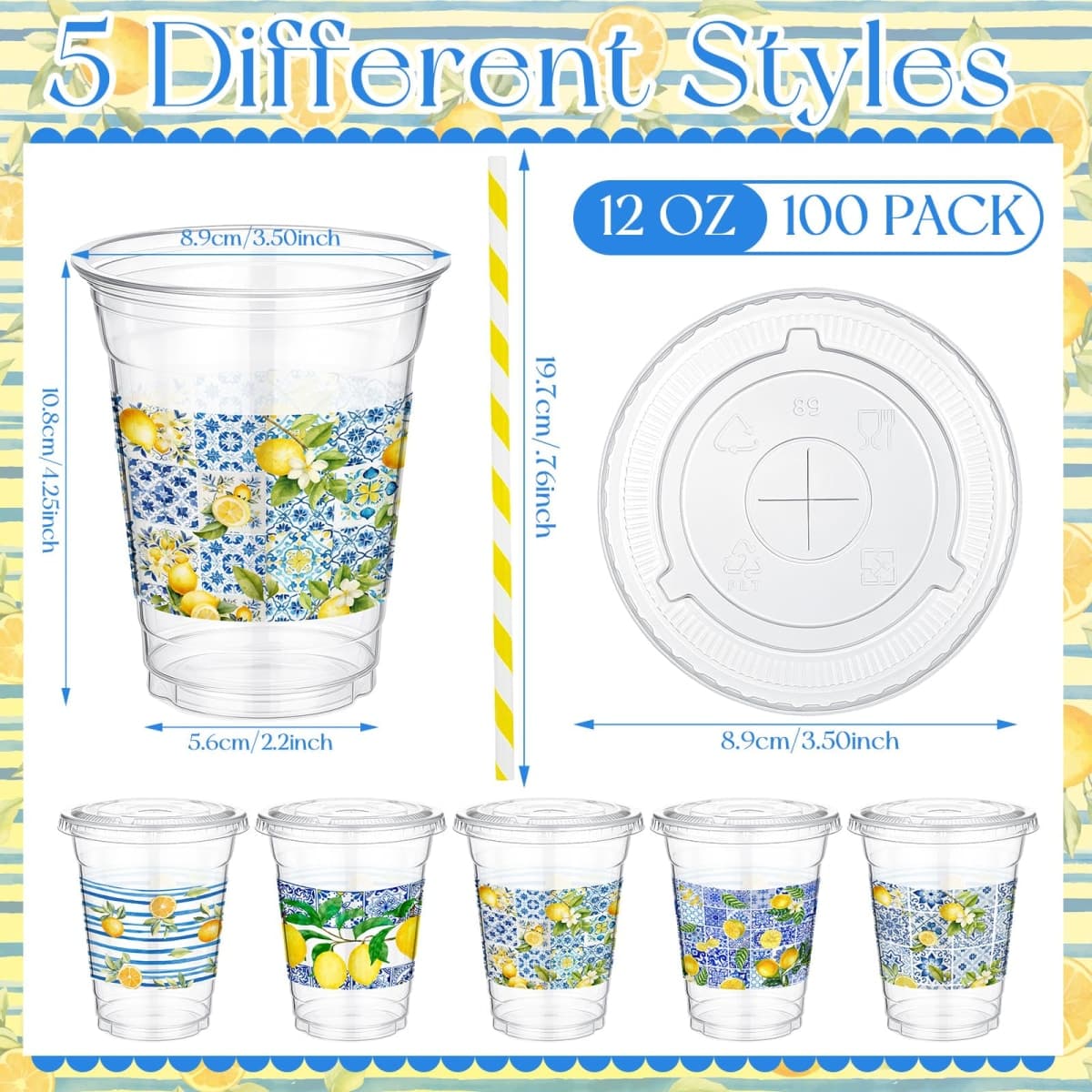 FoldTier 100pcs Capri Lemon Plastic Disposable Cups with Lids and Straws 12oz, Plastic Lemon Stand Drinking Cups for Bridal Shower Supplies Summer Citrus Fruit Amalfi Coast Party Decorations thumbnail 3