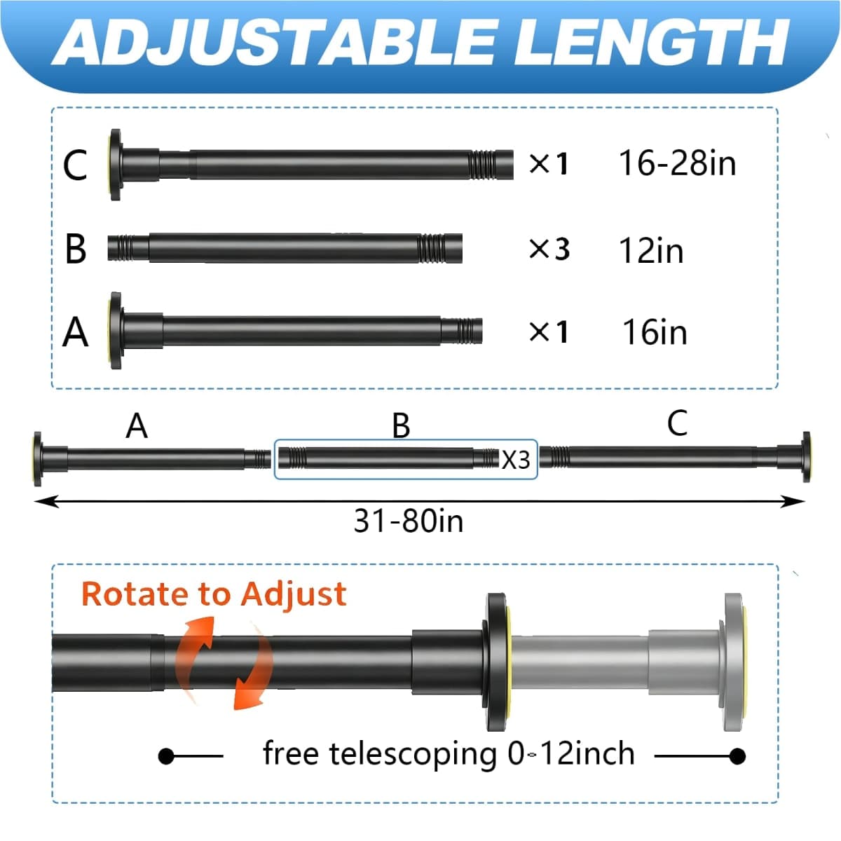 CorkLatta Black Shower Curtain Rod 31 to 80 Inch,1 Inch Diameter Adjustable Spring Tension Stainless Steel Telescoping Rod,Easy Install,No Rust thumbnail 4