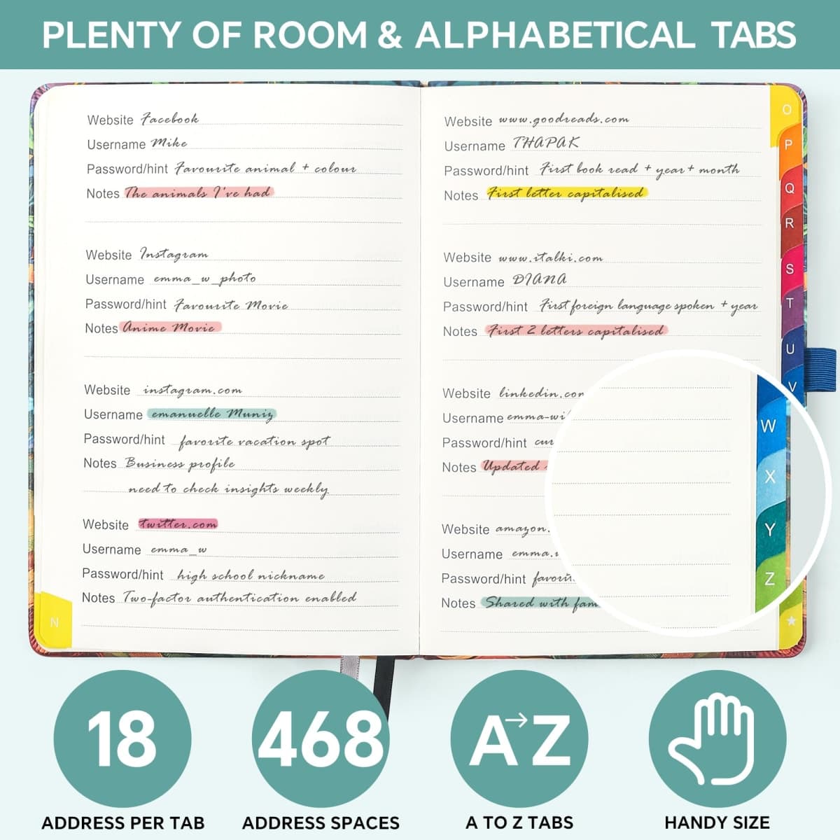 Password Book with Colorful Alphabetical Tabs (5.7" x 8.4") – Hardcover Internet Password Organizer for Website Logins, Home & Office Use, Flower Cover thumbnail 4
