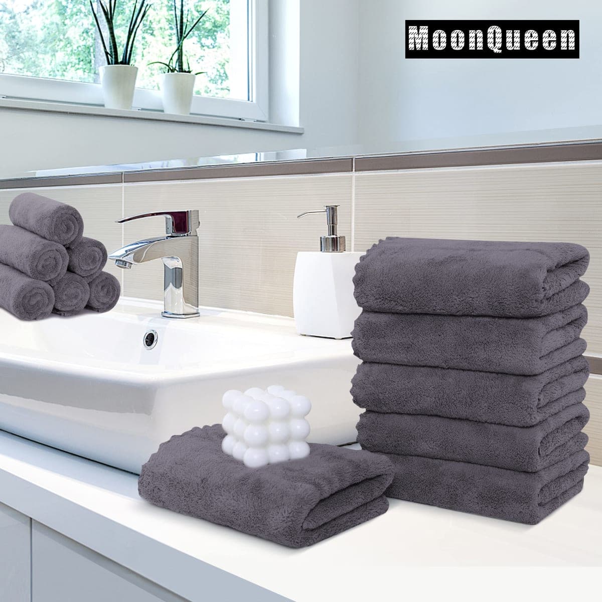MOONQUEEN 6 Pack Premium Hand Towels - Quick Drying - Microfiber Coral Velvet Highly Absorbent Towels - Multipurpose Use as Hotel, Bathroom, Shower, Spa, Hand Towel 16 x 28 inches (Gray) thumbnail 2