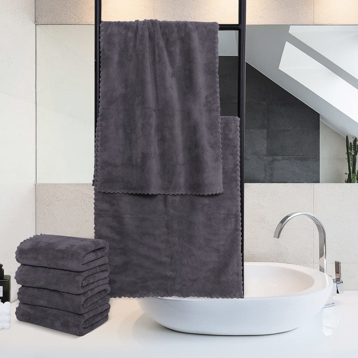 MOONQUEEN 6 Pack Premium Hand Towels - Quick Drying - Microfiber Coral Velvet Highly Absorbent Towels - Multipurpose Use as Hotel, Bathroom, Shower, Spa, Hand Towel 16 x 28 inches (Gray) thumbnail 3