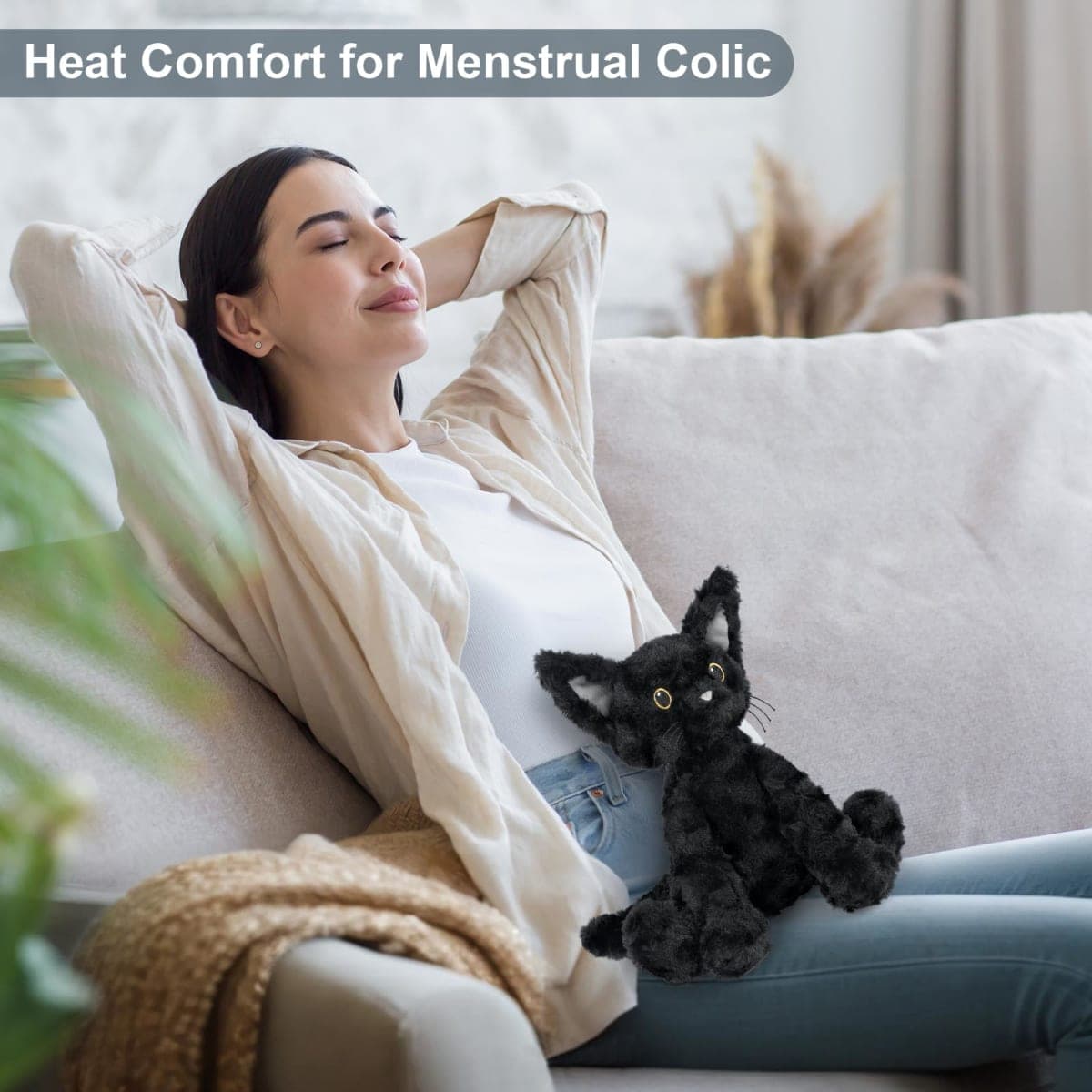 SuzziPals Coolable & Heatable Cat Stuffed Animals，Microwavable Stuffed Animal Heating Pad for Period Cramps, Cute Cat Plush for Anxiety, Black Cat Plush Gift for Kids & Aldults thumbnail 3