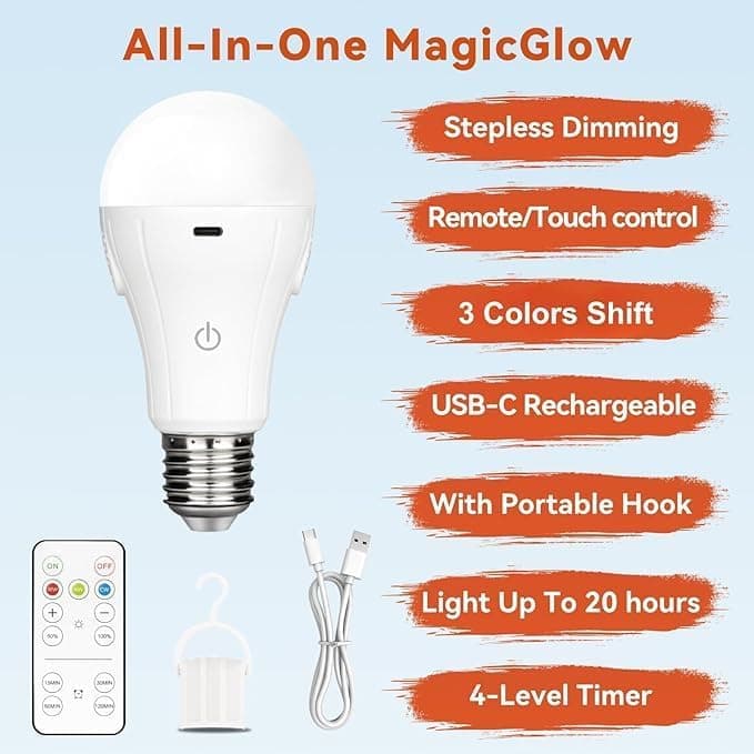 Neporal MagicGlow Rechargeable Light Bulbs with Remote, 3 Color Shift + Dimmable Battery Powered Light Bulbs, USB Rechargeable, A19 E26 Emergency Light Bulbs, 15W, Up to 24 Hours thumbnail 2