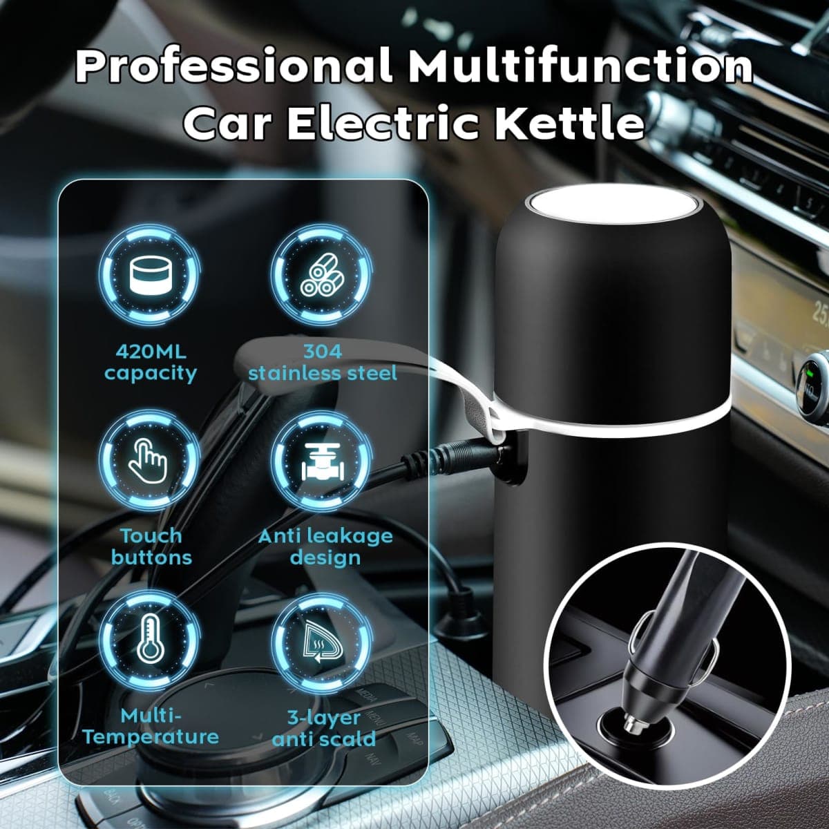 Electric Travel Kettle,12V/24V Car Coffee Warmer Kettle,Portable Hot Water Boiler,Small Hot Water Heater with Built-in Magnetic Induction Stirring thumbnail 2