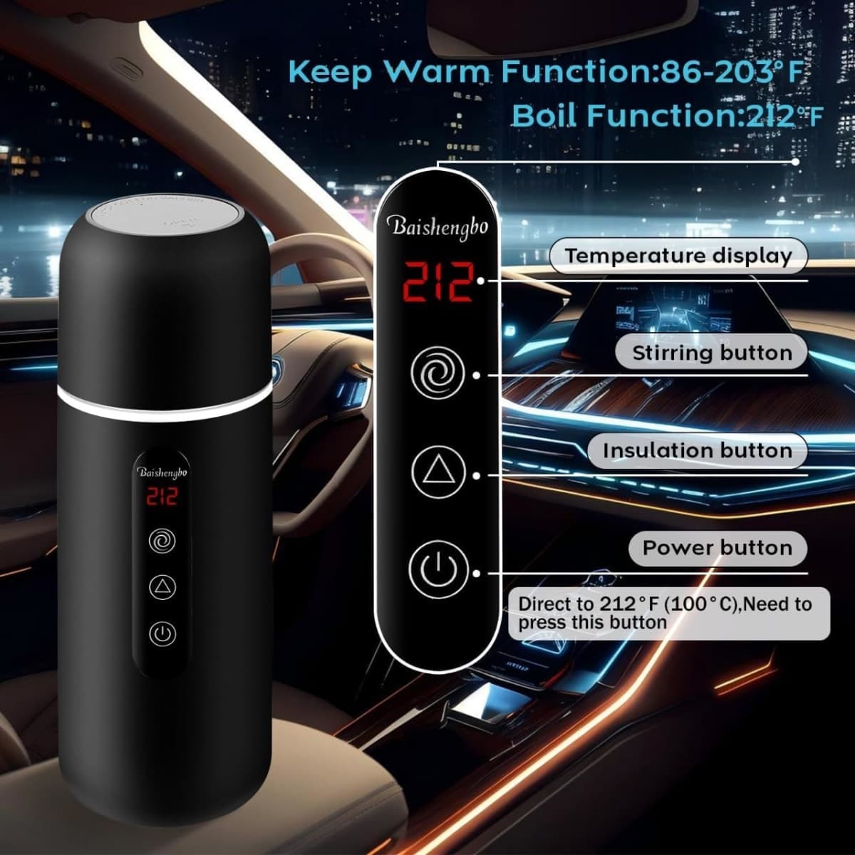 Electric Travel Kettle,12V/24V Car Coffee Warmer Kettle,Portable Hot Water Boiler,Small Hot Water Heater with Built-in Magnetic Induction Stirring thumbnail 3