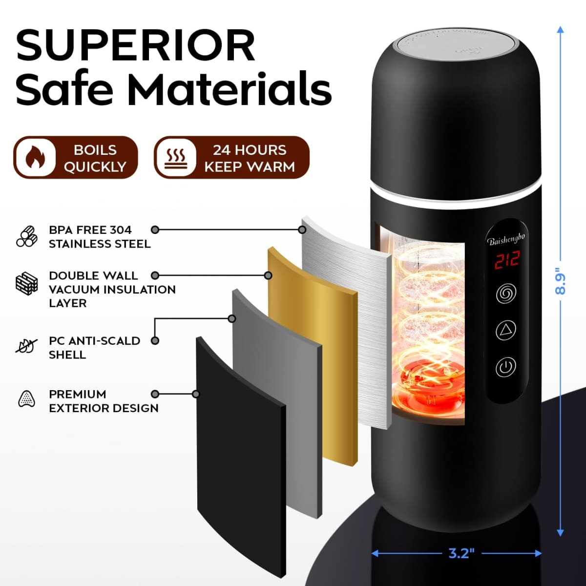 Electric Travel Kettle,12V/24V Car Coffee Warmer Kettle,Portable Hot Water Boiler,Small Hot Water Heater with Built-in Magnetic Induction Stirring thumbnail 5