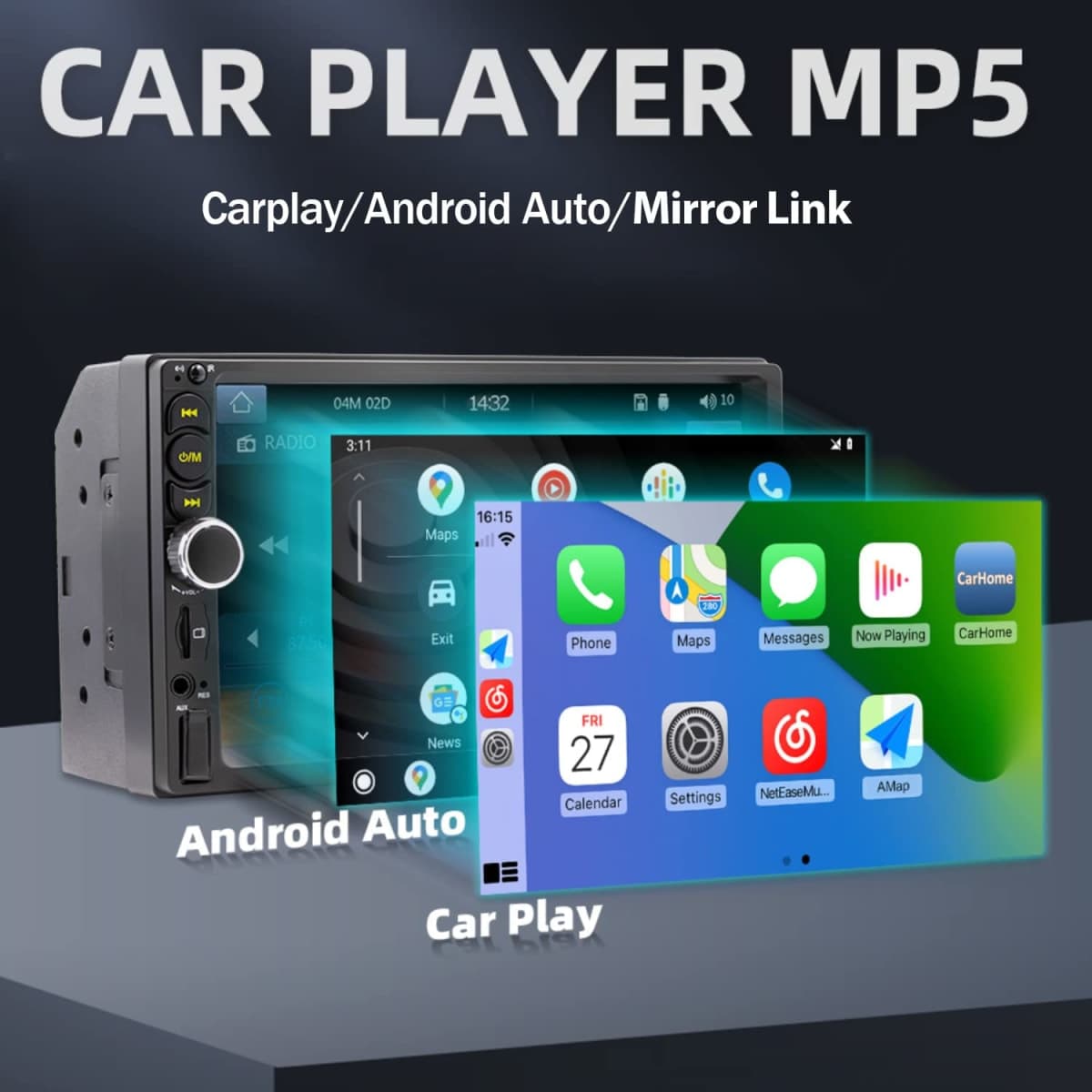 7'' Double Din Car Stereo Build-in Apple Carplay,Bluetooth 5.1 Hand-Free Calling,Touchscreen Car Radio FM,GPS Navigation,Night Vison Backup Camera,USB/TF/Subwoorf/240 watts thumbnail 2