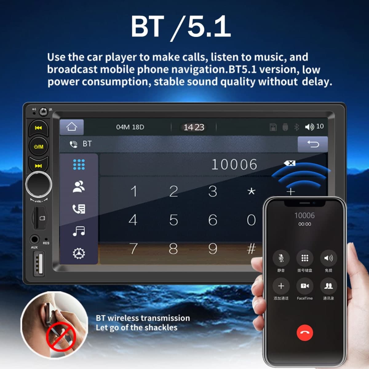 7'' Double Din Car Stereo Build-in Apple Carplay,Bluetooth 5.1 Hand-Free Calling,Touchscreen Car Radio FM,GPS Navigation,Night Vison Backup Camera,USB/TF/Subwoorf/240 watts thumbnail 3