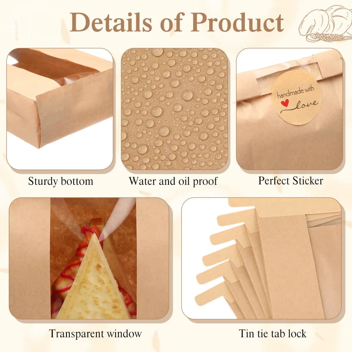 Fullhawl 250 Pcs Bakery Bags with Window and Label Seal Stickers Brown Paper Bread Packages Iron Wire Tie Tab Lock Candy Cookie Kraft Paper Bags for Snacks Pastry Donuts(9 x 4.7 x 2 Inch) thumbnail 2