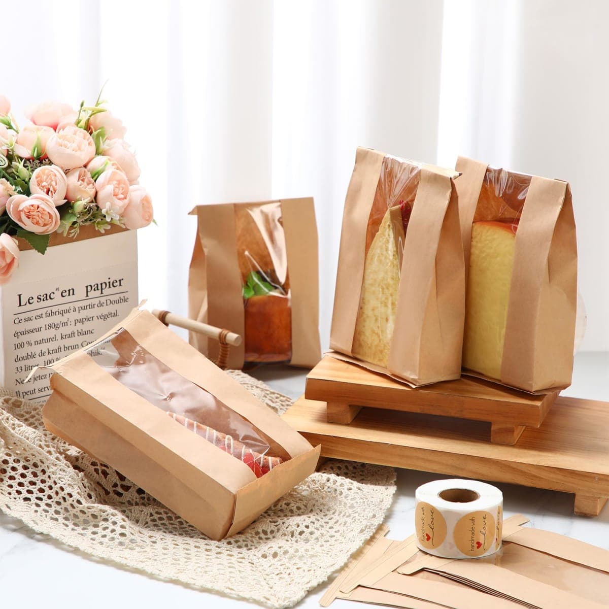 Fullhawl 250 Pcs Bakery Bags with Window and Label Seal Stickers Brown Paper Bread Packages Iron Wire Tie Tab Lock Candy Cookie Kraft Paper Bags for Snacks Pastry Donuts(9 x 4.7 x 2 Inch) thumbnail 3