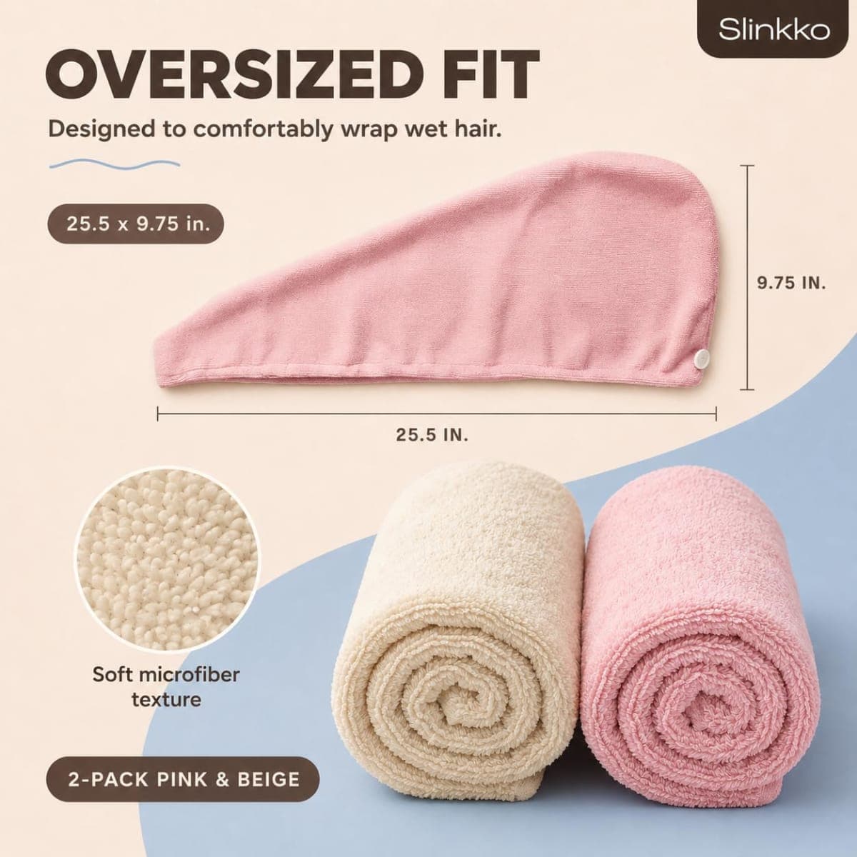 Slinkko Microfiber Hair Towel Wrap (Pink and Beige) thumbnail 2
