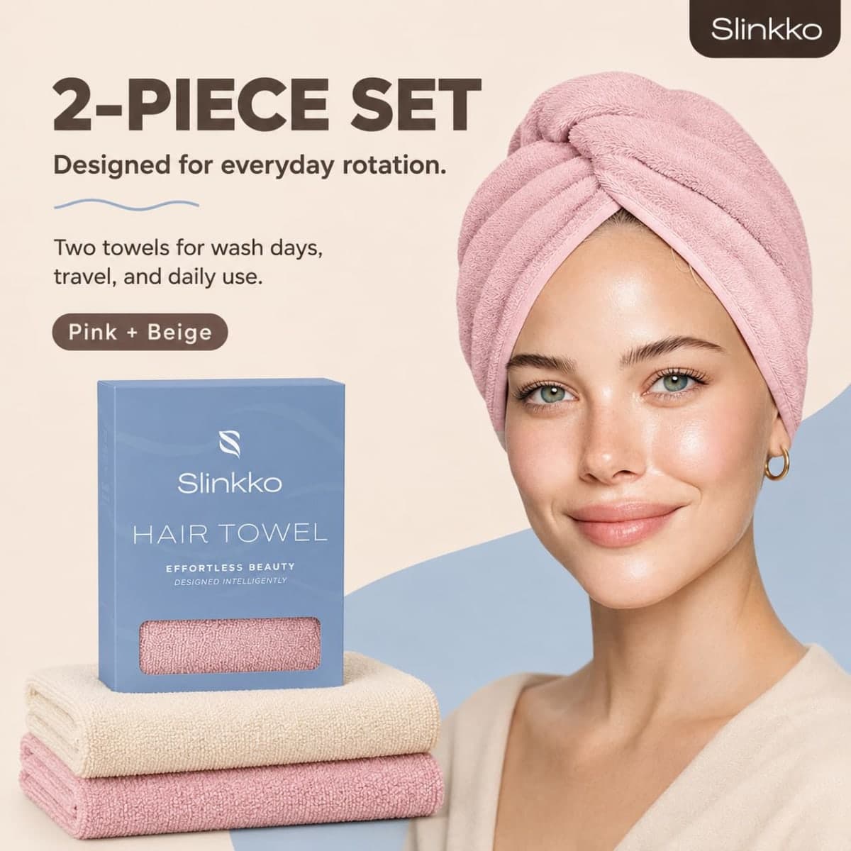 Slinkko Microfiber Hair Towel Wrap (Pink and Beige) thumbnail 3