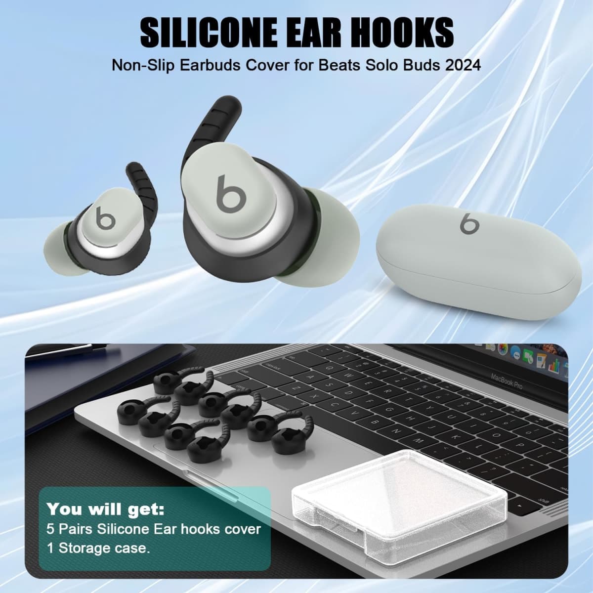 WADVCU Ear Hooks for Beats Solo Buds, 5 Pairs Ear Hook Compatiable with Beats Solo Bud 2024 Silicone Accessories Anti-Slip Ear Covers Holder [Not Fit in The Charging Case](Black) thumbnail 5