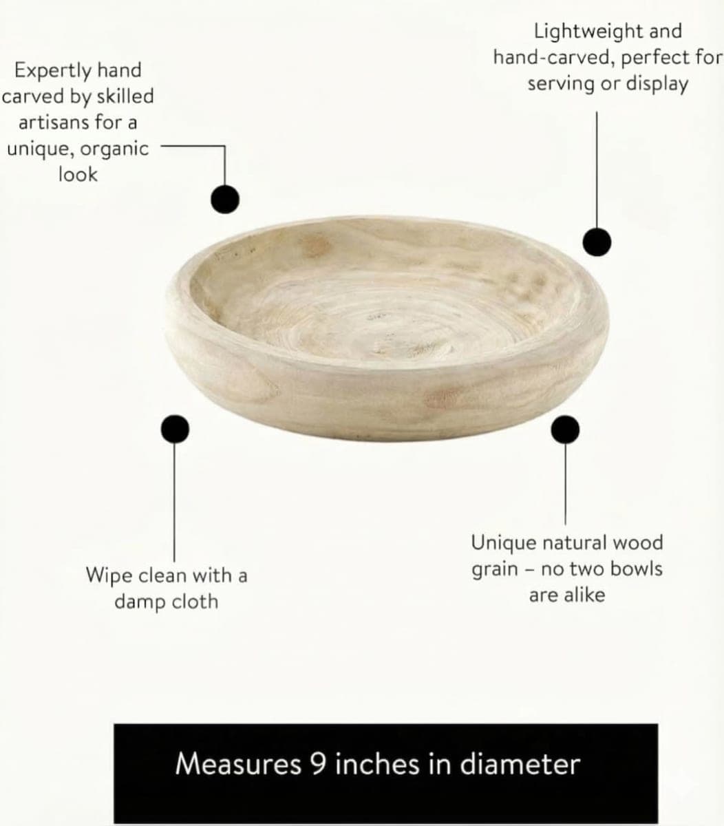 BOLTCORRSE Wooden Decorative Bowl – Hand Carved Natural Wood Fruit Bowl, Rustic Farmhouse Dough Bowl Decor, Wooden Serving Bowl for Coffee Table, Entryway Key Bowl or Kitchen Centerpiece thumbnail 3