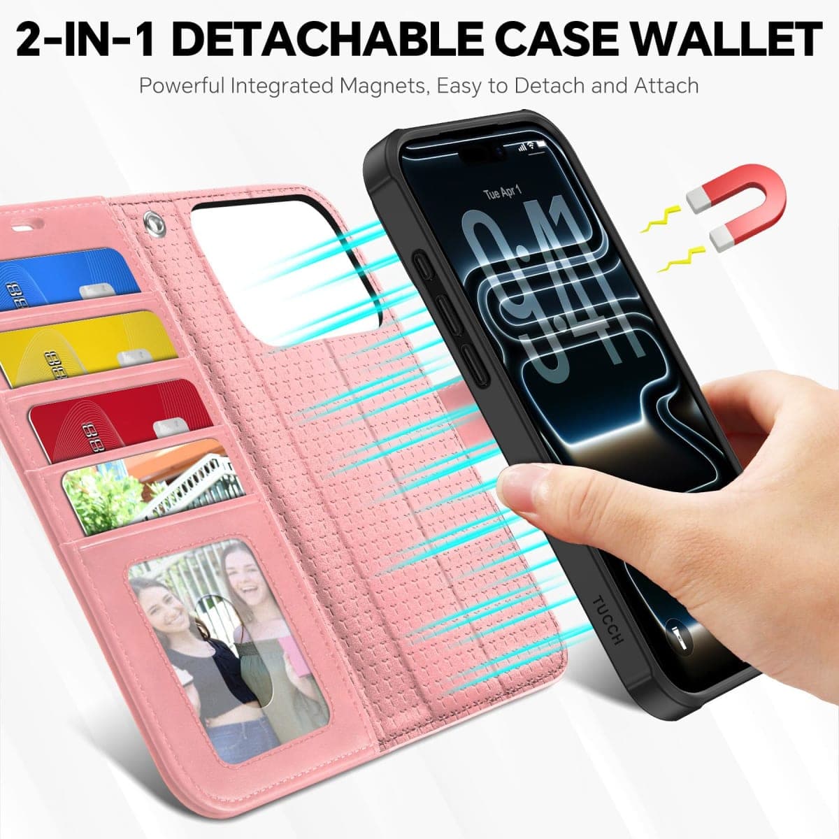 TUCCH 2-in-1 Detachable Wallet Case for iPhone 17 Pro (6.3-inch) 2025, RFID Blocking 4 Card Slots, Wireless Charging, Wrist Strap, Kickstand, Magnetic, PU Leather, Protective Flip Cover, Rose Gold thumbnail 3