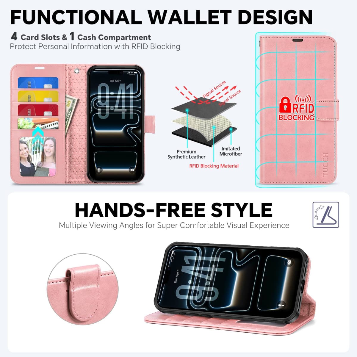 TUCCH 2-in-1 Detachable Wallet Case for iPhone 17 Pro (6.3-inch) 2025, RFID Blocking 4 Card Slots, Wireless Charging, Wrist Strap, Kickstand, Magnetic, PU Leather, Protective Flip Cover, Rose Gold thumbnail 5