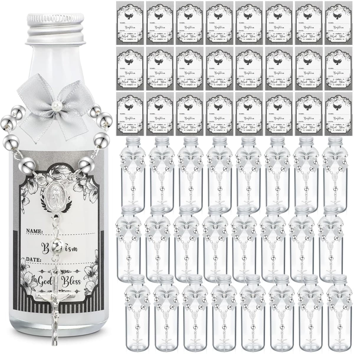 FillTouch 24 Sets Baptism Rosary Holy Bottle Set Baptism Favors 1.7oz Christian Water Container Empty Glass Holy Bottle for Easter Baptism Party Church Wedding Table Newborn (Silver) — image 1