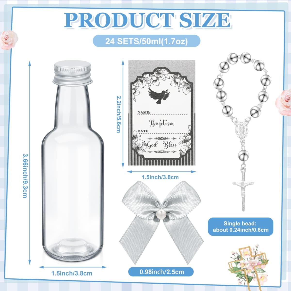 FillTouch 24 Sets Baptism Rosary Holy Bottle Set Baptism Favors 1.7oz Christian Water Container Empty Glass Holy Bottle for Easter Baptism Party Church Wedding Table Newborn (Silver) thumbnail 2