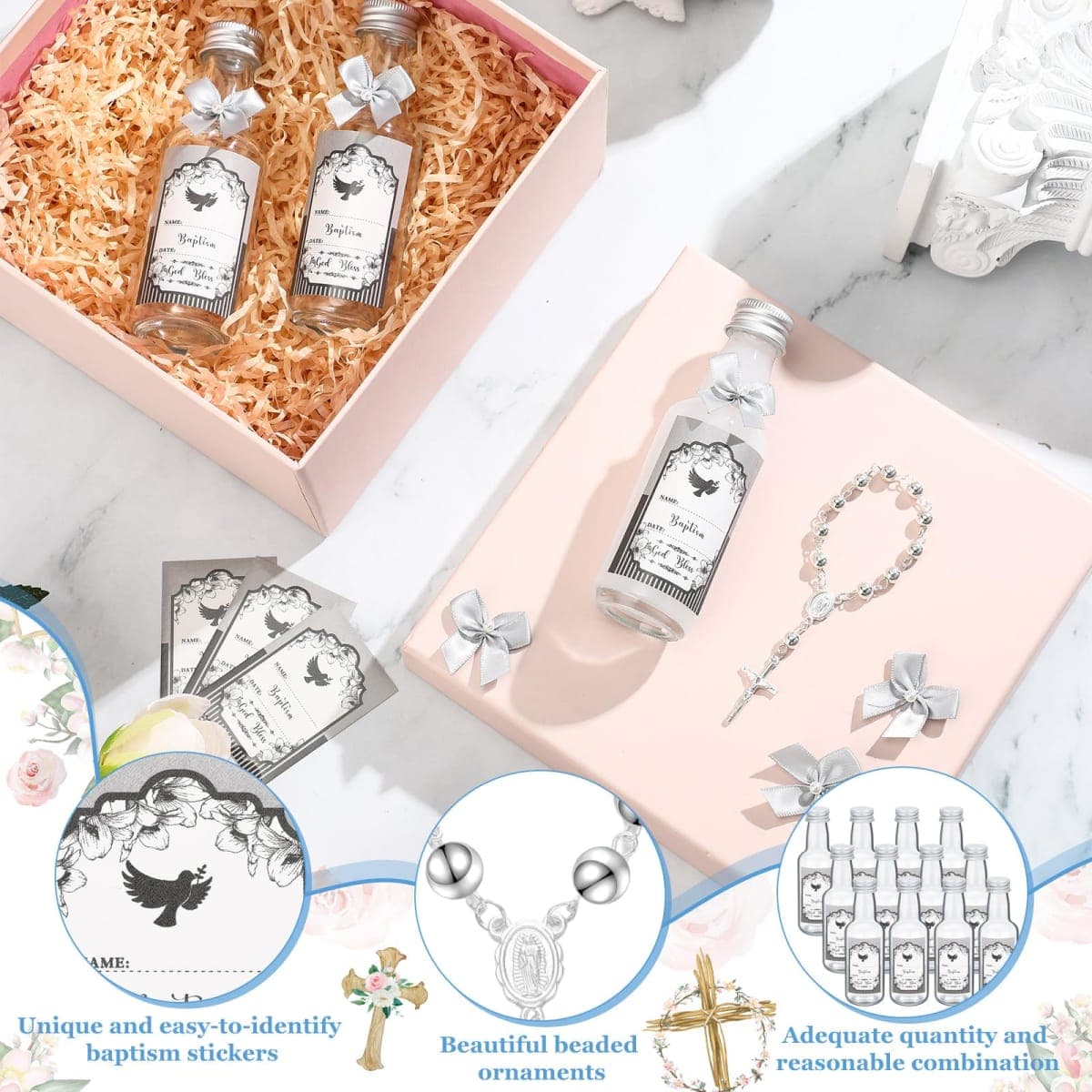 FillTouch 24 Sets Baptism Rosary Holy Bottle Set Baptism Favors 1.7oz Christian Water Container Empty Glass Holy Bottle for Easter Baptism Party Church Wedding Table Newborn (Silver) thumbnail 3