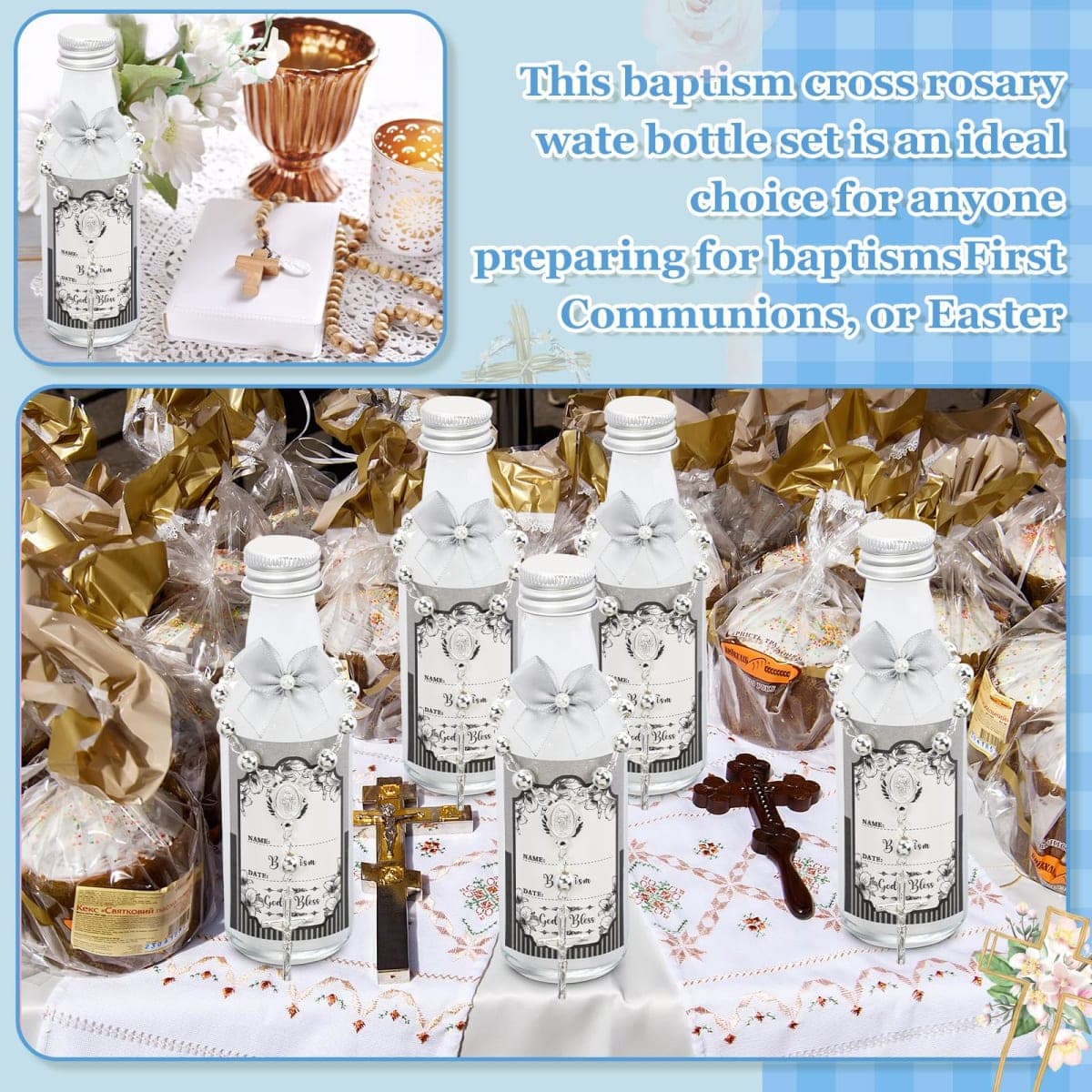 FillTouch 24 Sets Baptism Rosary Holy Bottle Set Baptism Favors 1.7oz Christian Water Container Empty Glass Holy Bottle for Easter Baptism Party Church Wedding Table Newborn (Silver) thumbnail 4