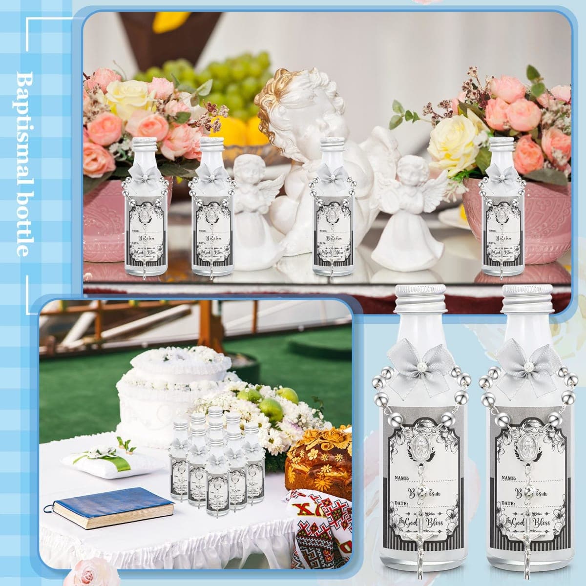 FillTouch 24 Sets Baptism Rosary Holy Bottle Set Baptism Favors 1.7oz Christian Water Container Empty Glass Holy Bottle for Easter Baptism Party Church Wedding Table Newborn (Silver) thumbnail 5