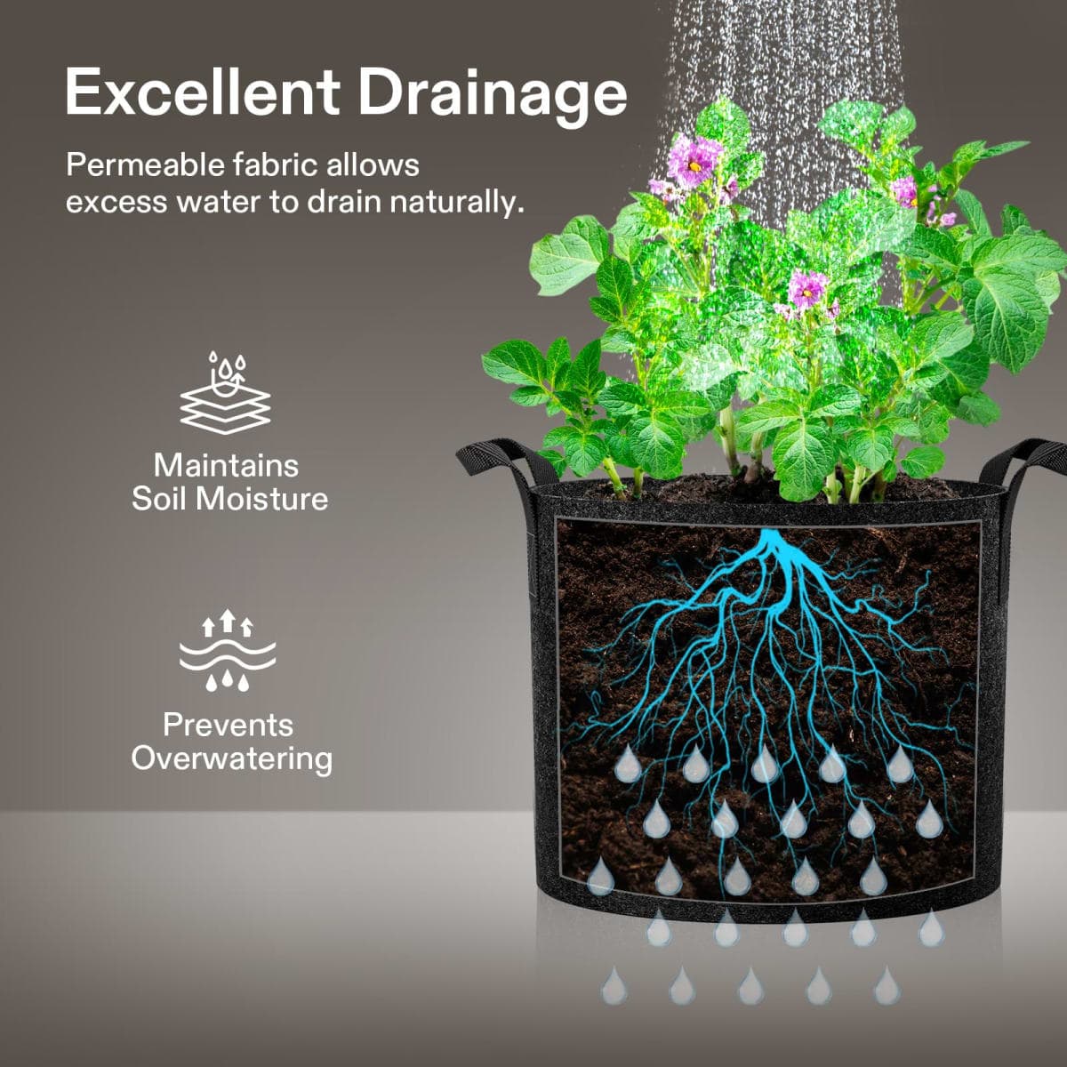 VIVOSUN 5-Pack 20 Gallons Grow Bags Heavy Duty Thickened Nonwoven Fabric Pots with Handles thumbnail 2